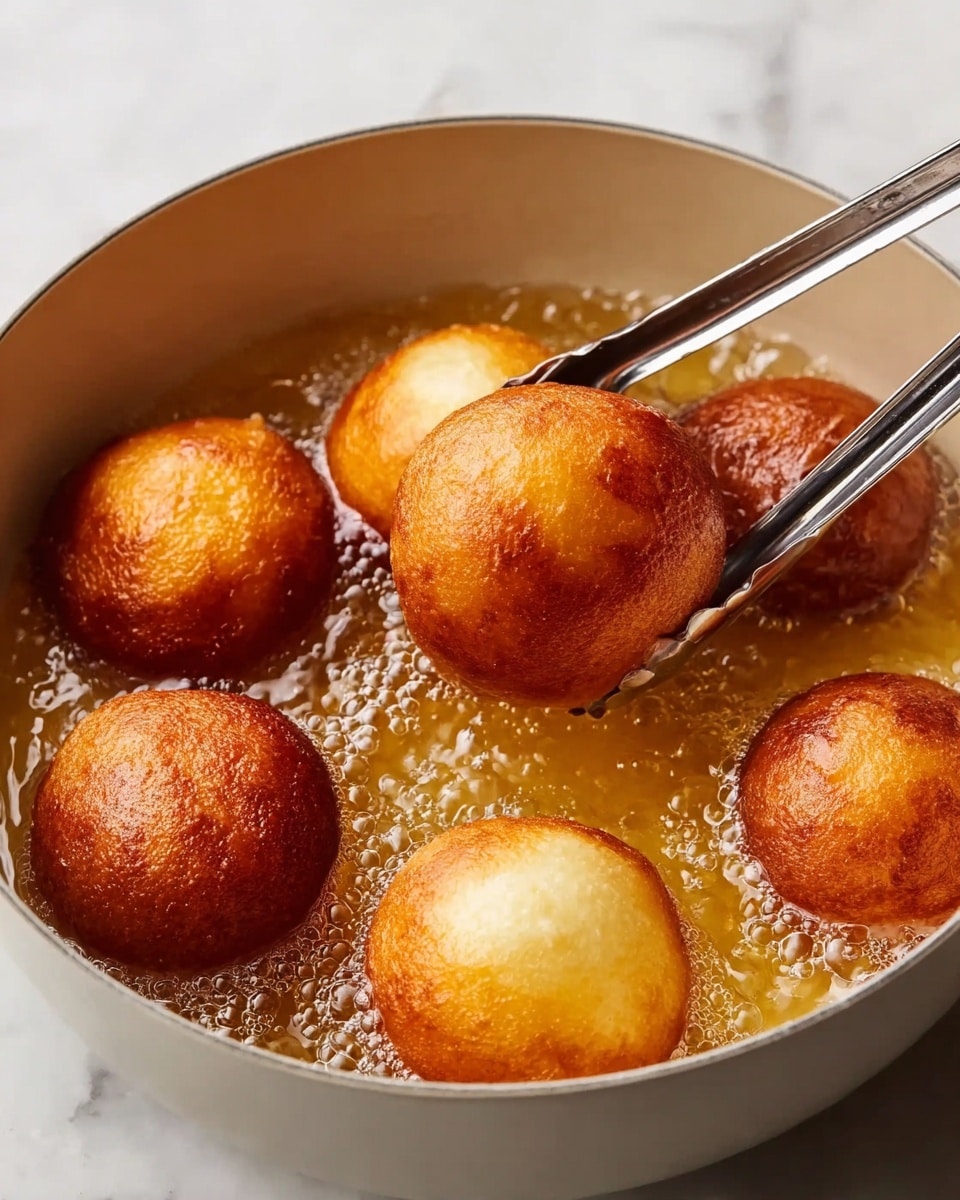 A close-up view of six round dough balls frying in a white pot filled with bubbling hot oil. One golden-brown dough ball is being lifted by shiny silver tongs above the oil, showing a smooth and evenly cooked surface with a slightly lighter top. The other five dough balls float in the oil, varying between golden and darker brown shades, with a shiny texture that reflects the heat. The pot sits on a white marbled surface, highlighting the rich color contrast of the frying dough balls. Photo taken with an iphone --ar 4:5 --v 7
