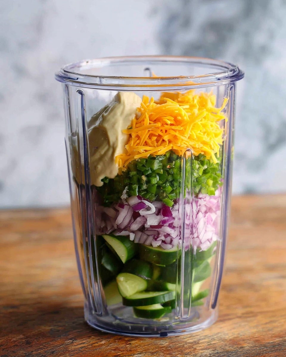 A clear blender cup shows four layers of ingredients stacked neatly inside. The bottom layer is made of dark green sliced cucumber pieces, followed by a layer of chopped green jalapeño peppers. Next is a layer of finely chopped purple red onions, and the top layer has a small pile of bright orange shredded cheddar cheese with a dollop of light cream-colored sauce on one side. The cup sits on a wooden surface with a white marbled texture background. photo taken with an iphone --ar 4:5 --v 7