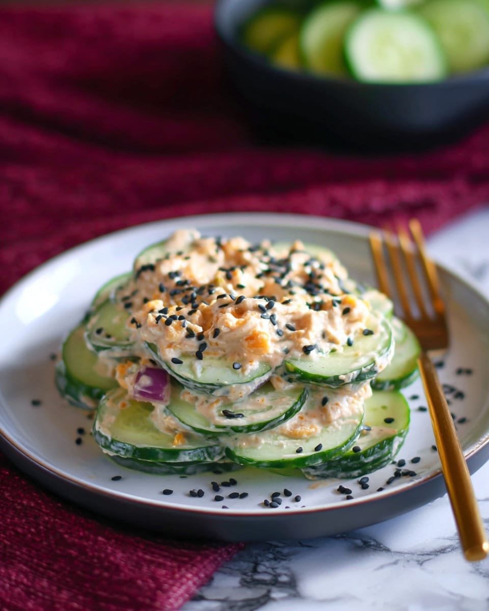 The image shows several layers of round cucumber slices arranged on a white plate with a white marbled surface underneath. Each cucumber slice is coated with a creamy mixture that has small pieces of orange shredded cheese and tiny bits of purple onion spread unevenly on top. Black and white sesame seeds are sprinkled over the cucumbers, adding texture and detail. The creamy mixture looks smooth and thick, covering the green edges and translucent centers of the cucumber slices. Photo taken with an iphone --ar 4:5 --v 7