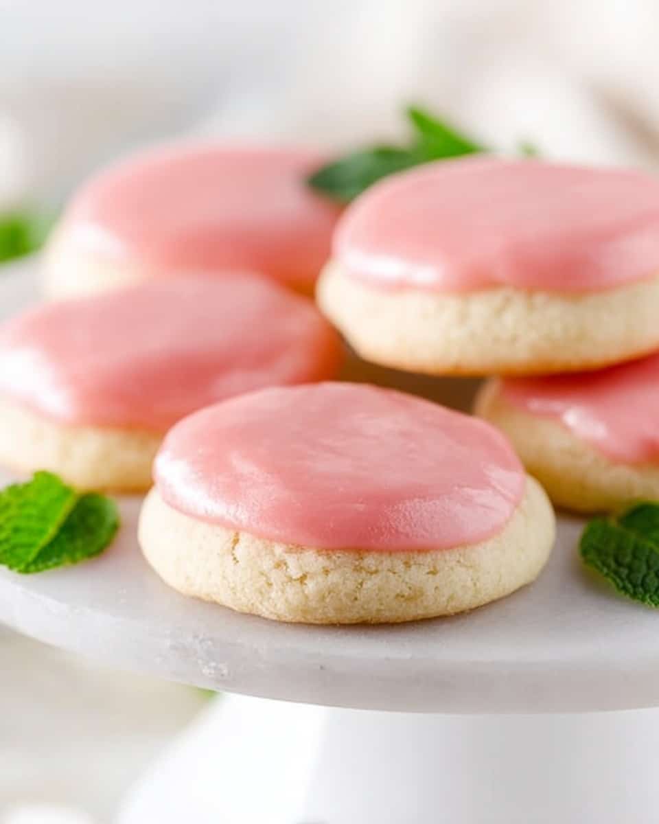 The image shows five round cookies on a white cake stand with a white marbled surface underneath. Each cookie has two layers: the bottom layer is light beige and soft with a slightly rough texture, and the top layer is smooth, shiny pink icing that evenly covers the cookie's surface. The cookies are spaced nicely, with some fresh green mint leaves visible in the blurred background, adding a touch of color. The lighting is bright and soft, highlighting the gentle shine on the pink icing. Photo taken with an iphone --ar 4:5 --v 7