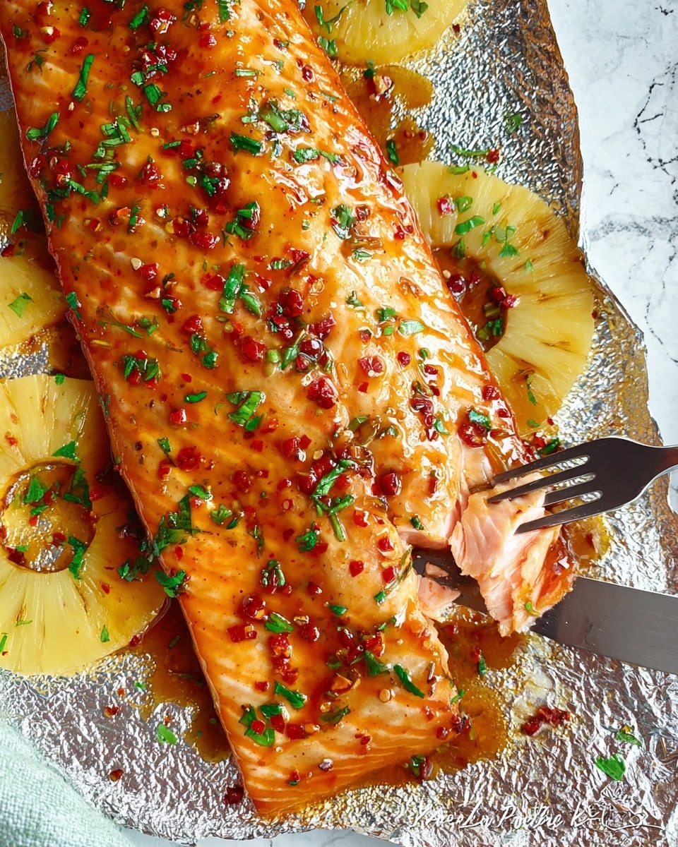 A large cooked salmon fillet with a golden-brown surface sits on a foil-lined base, garnished with bright green chopped herbs scattered over the top. The fish shows grill marks and is covered in a shiny glaze with visible red chili flakes and black pepper. Underneath the salmon, there are slices of yellow pineapple visible on the side. A silver fork is placed near the bottom right side of the fillet, touching the fish. The whole scene is placed on a white marbled surface. Photo taken with an iphone --ar 4:5 --v 7