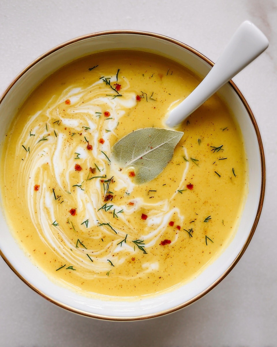 A close-up of a white bowl filled with creamy yellow soup, showing swirls of white cream gently mixed on the surface, with small green herb sprinkles and tiny red spice dots scattered evenly across. A single pale green leaf floats near the center, adding a fresh touch. A white ceramic spoon rests inside the bowl on the right side, blending smoothly with the soup. The bowl has a thin gold rim and sits on a white marbled surface. photo taken with an iphone --ar 4:5 --v 7