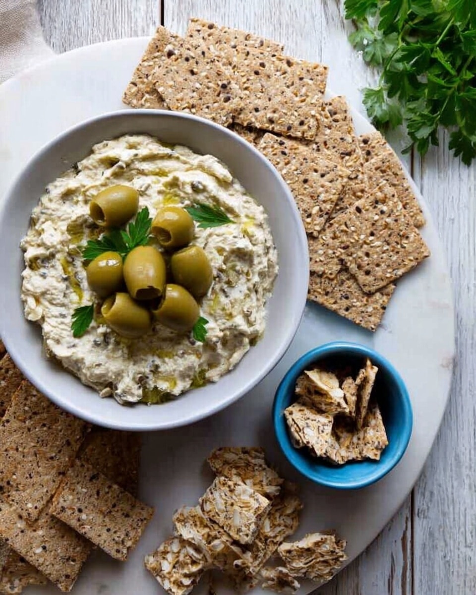 The image shows a white bowl filled with a creamy dip topped with green olive slices, placed on a white marbled surface. Around the bowl, there are several rectangular multi-seed crackers with a rough texture, some whole and some broken into smaller pieces. A small blue bowl containing more cracker pieces sits beside the white bowl. Fresh green parsley leaves add a pop of color near the top right corner of the scene. The overall setup has a neat and inviting look. Photo taken with an iphone --ar 4:5 --v 7