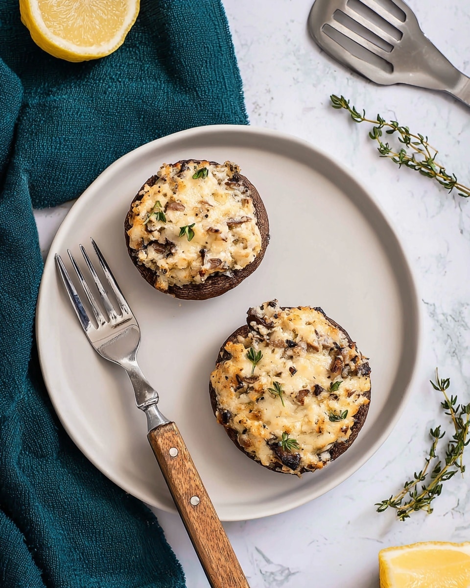 Two large stuffed mushrooms sit on a white plate with a white marbled background. Each mushroom cap is dark brown, filled with a light golden and slightly crispy mixture that includes bits of white and darker pieces, giving a textured look. The filling is soft and bumpy, piled high above the mushroom edges. Around the mushrooms are bright yellow lemon wedges and a small sprig of green herb, adding color contrast. The photo is close up with a fork partly visible in the corner. photo taken with an iphone --ar 4:5 --v 7