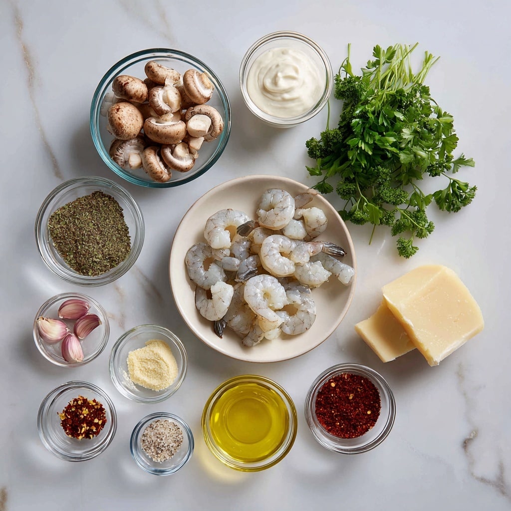The image shows a flat lay of cooking ingredients on a white marbled surface. At the top left is a small clear bowl filled with whole mushrooms, and to its right is a small glass container with white cream. Below and slightly right is a bowl with raw shrimp, greyish-white in color. To the left of the shrimp is a small bunch of fresh green parsley. A wedge of pale yellow parmesan cheese is placed to the right of the parsley. Below, there are several small bowls with different seasonings and oils: pink garlic cloves, a tiny clear bowl with green Italian seasoning, a small bowl with yellow olive oil, a bowl of white unsalted butter, and a bowl of red chili flakes. At the bottom left are two more small bowls, one with salt and pepper mix and the other with white garlic powder. To the right of the garlic powder bowl is a bowl of reddish sweet paprika. The arrangement is neat with space around each item, and there is no plate, only clear bowls and small containers. Photo taken with an iphone --ar 4:5 --v 7