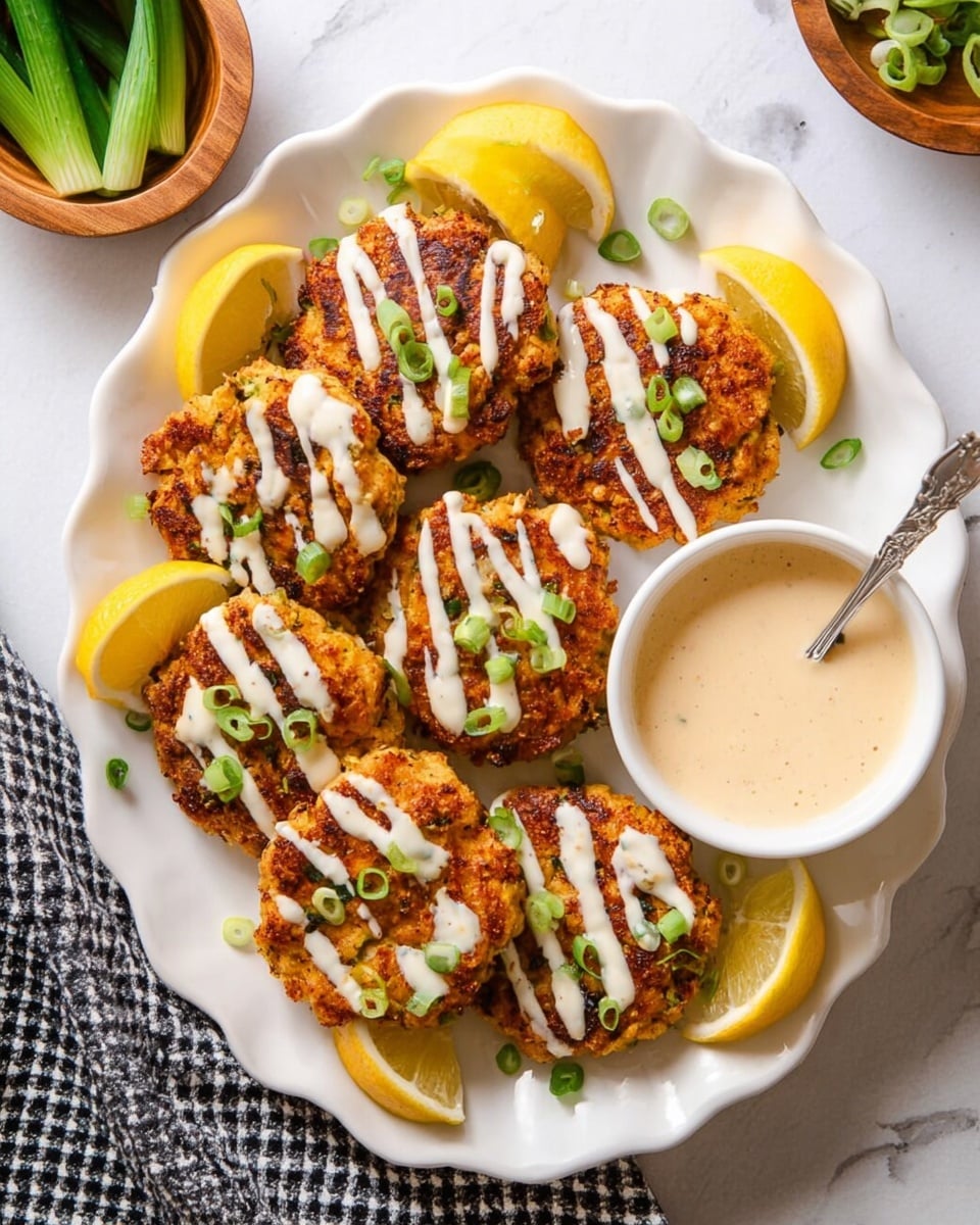 The image shows a white plate full of golden brown patties with a crispy texture, arranged in two overlapping layers. Each patty is drizzled with light cream sauce in thin stripes, and sprinkled with small green onion slices on top. There are bright yellow lemon wedges placed around the edges of the plate. On the right side, there is a small white bowl filled with a light cream dipping sauce. The background is a white marbled surface. Photo taken with an iphone --ar 4:5 --v 7