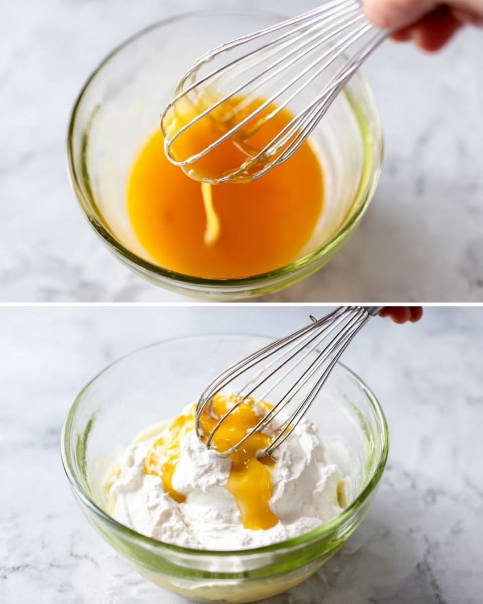 A clear glass bowl holds a mixture of white cream and some white powder with light brown specks on top, placed inside a pale yellow mixing bowl. Above the bowl is a metal whisk attachment, slightly blurred in the foreground. In the background, there is a white bottle with black text and a small white measuring cup on a dark gray surface contrasted by a white marbled texture. photo taken with an iphone --ar 4:5 --v 7
