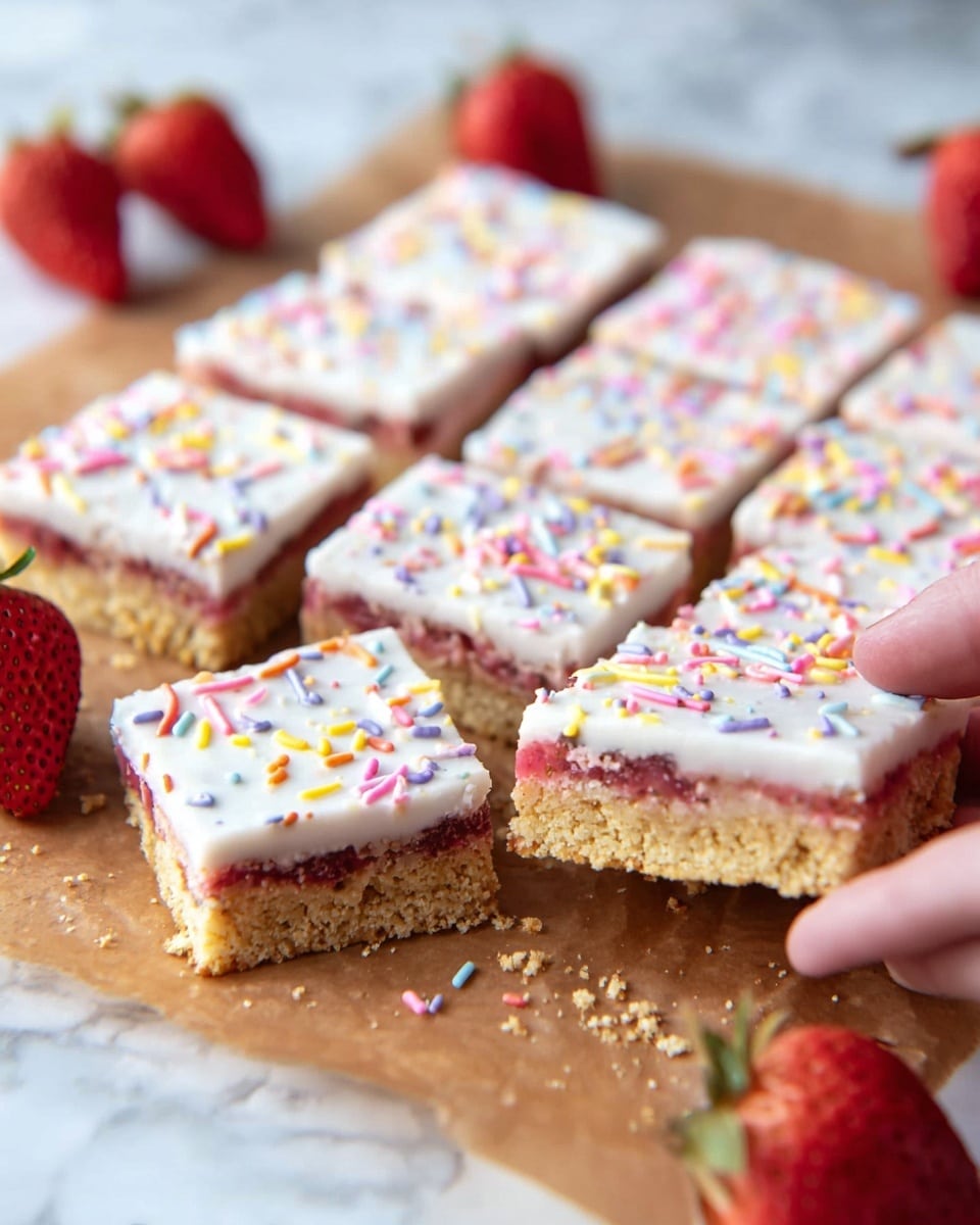 The image shows a tray of square dessert bars arranged closely together on a brown paper-lined surface. Each bar has three layers: a crumbly golden-brown bottom crust, a pinkish-red middle fruit filling, and a smooth white icing top scattered with colorful sprinkles in red, yellow, blue, and pink. One bar is slightly lifted off the tray by the edge of a woman's hand, revealing the distinct layers clearly. In the background and around the tray, there are several fresh red strawberries. The setting includes a white marbled texture surface beneath the tray. photo taken with an iphone --ar 4:5 --v 7