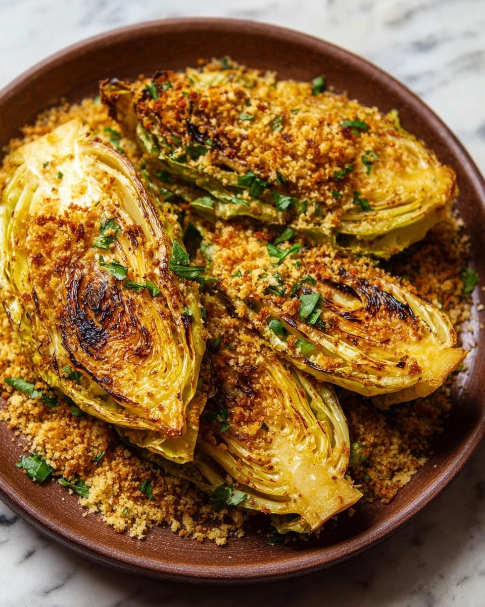 The image shows a brown round plate filled with three golden-brown roasted cabbage halves, each with crispy edges and visible char marks. The cabbages rest on a bed of finely crumbled, toasted breadcrumbs mixed with chopped green herbs. The texture of the cabbage shows layers of tender, slightly caramelized leaves, and the breadcrumbs add a crunchy, crumbly contrast all over and underneath the cabbage. The plate is set on a white marbled surface. Photo taken with an iphone --ar 4:5 --v 7