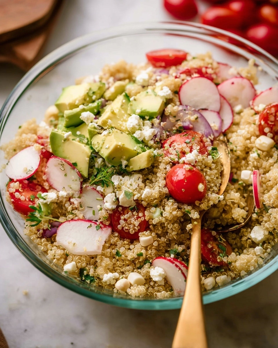 A clear glass bowl filled with a quinoa salad showing three main layers: the bottom layer is light beige quinoa grains, the middle layer is mixed with small bright red cherry tomato halves and thinly sliced pale pink radishes, and the top layer contains chunky light green avocado slices, white corn kernels, and small white feta cheese pieces mixed with finely chopped dark green herbs and light purple onion bits. A shiny golden spoon with a wooden handle is scooping the salad from the right side. The bowl sits on a white marbled surface with some blurred red cherry tomatoes in the background, photo taken with an iphone --ar 4:5 --v 7