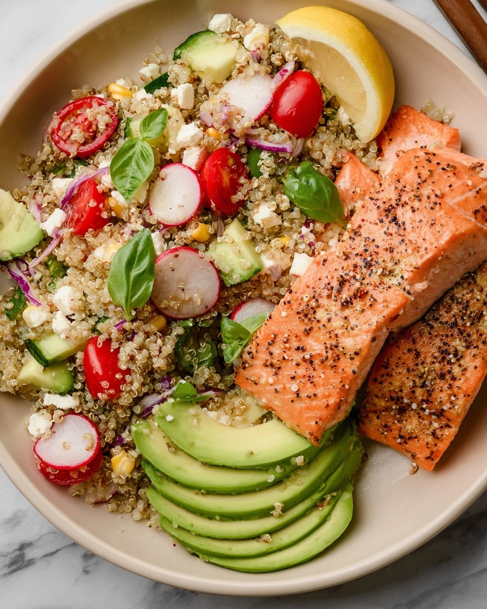 The dish shows a white plate filled with three main parts: on the right, two pieces of cooked salmon with a light golden orange color and a speckled black pepper coating on top; next to it, three slices of light green avocado placed closely together; and the largest section on the left is a quinoa salad made of tan quinoa grains mixed with red cherry tomato halves, thin round slices of radish with white centers and pink edges, small green cucumber chunks, some white cheese crumbles, tiny yellow corn kernels, bits of red onion, and several fresh green basil leaves scattered on top. A lemon wedge is placed at the top edge of the salmon pieces. The plate sits on a white marbled surface. photo taken with an iphone --ar 4:5 --v 7