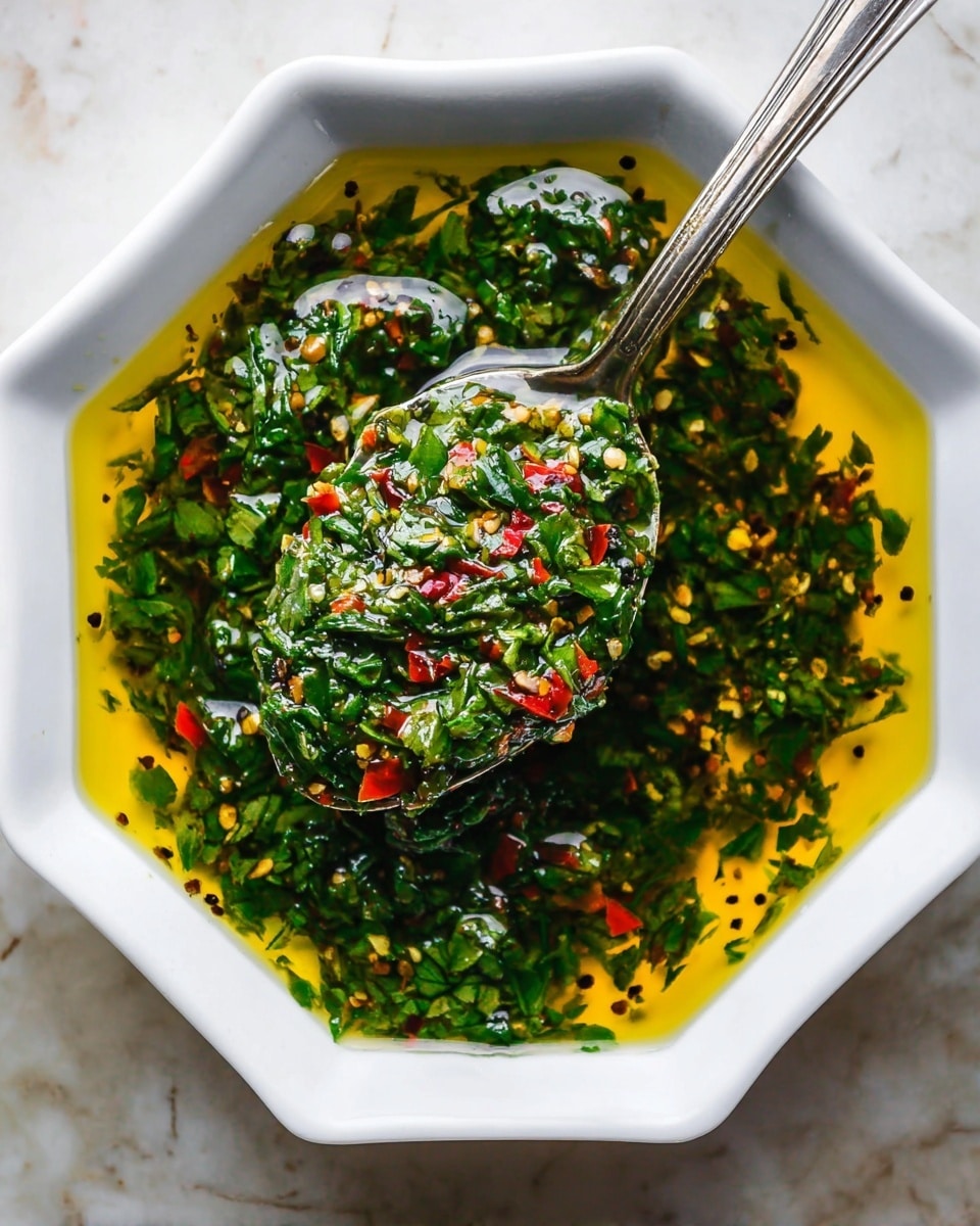A white octagonal bowl filled with a bright green mixture of finely chopped herbs and small pieces of red chili peppers floating in a golden layer of olive oil, with visible black and white pepper flakes scattered throughout. A silver spoon rests in the bowl, scooping up a portion of the mixture, showing the texture of the herbs and oil clearly. The bowl is placed on a white marbled surface, and the lighting highlights the glossy, fresh look of the herbs and oil combination photo taken with an iphone --ar 4:5 --v 7