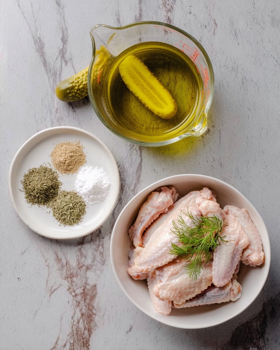 The image shows three containers on a white marbled surface: a clear glass measuring cup filled with yellow oil and a whole pickle resting inside it at the top, a small white plate at the bottom left with three piles of white powder, light brown powder, and dark green herbs arranged in a triangle, and a larger white bowl at the bottom right filled with pale pink chicken wings with a small green dill sprig on top. photo taken with an iphone --ar 4:5 --v 7