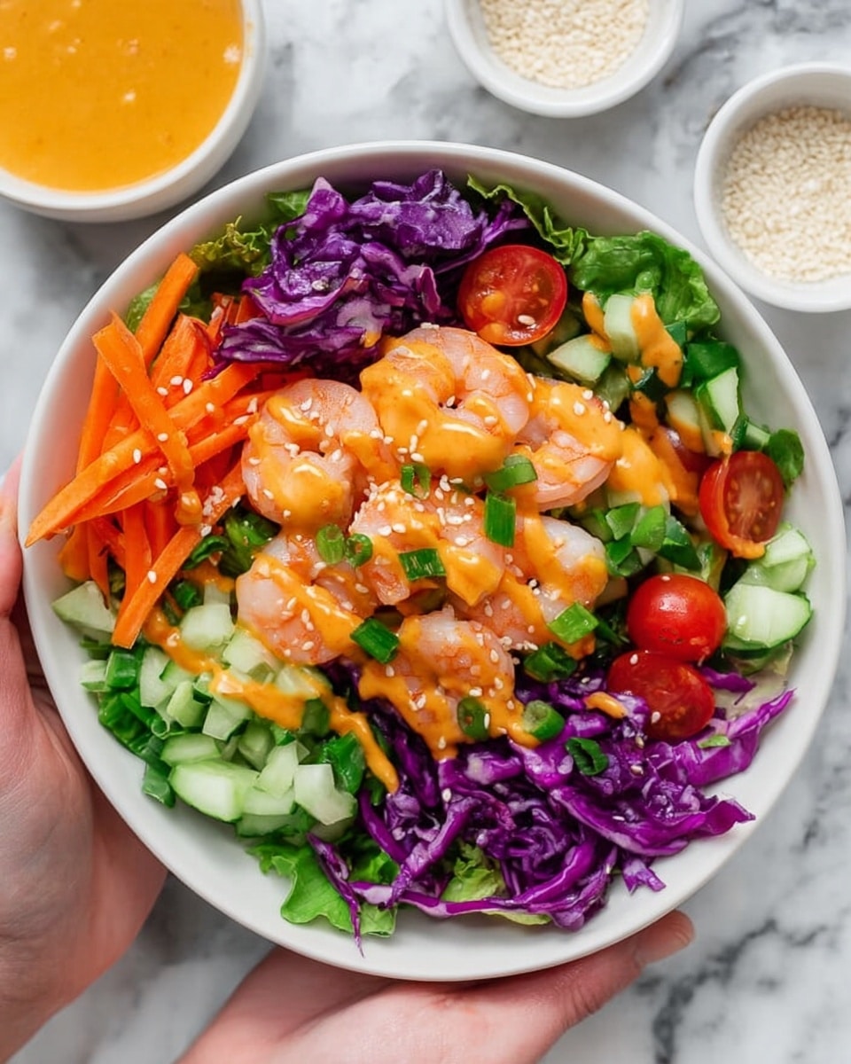 A white bowl filled with a colorful salad layered in a circle shows green leafy lettuce at the bottom, topped with chopped cucumber pieces, thin bright orange carrot sticks, and small red cherry tomato halves around the edge. Next to these are slices of purple cabbage adding a vibrant contrast. In the center, plump pink shrimp are arranged in a small pile, coated with a creamy orange sauce sprinkled with white sesame seeds. Small chopped green onions are scattered on top. The bowl is held by woman's hand over a white marbled surface, with small bowls of white sesame seeds and a yellow sauce nearby. photo taken with an iphone --ar 4:5 --v 7