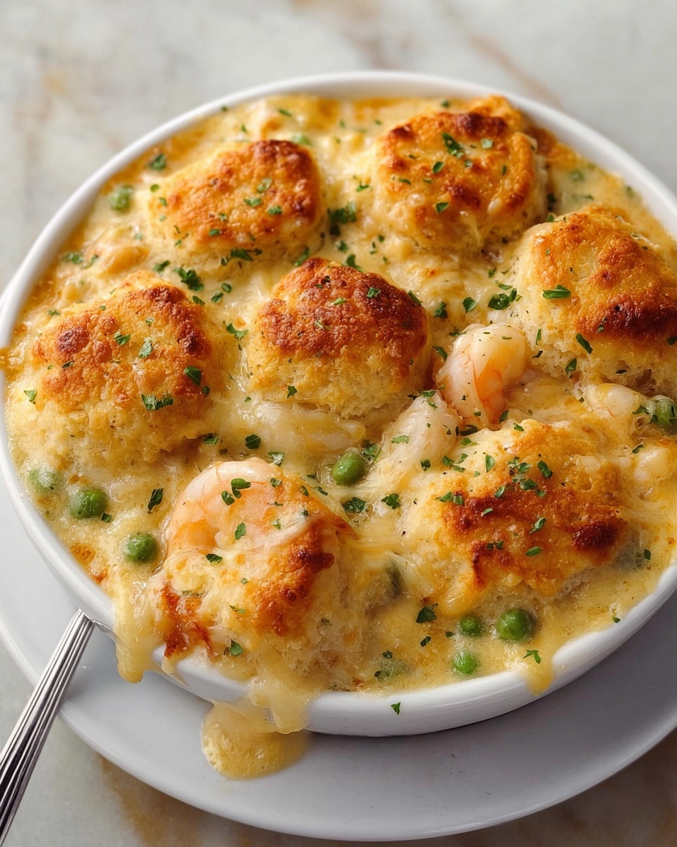 A white bowl filled with a creamy, light yellow sauce containing small green peas, orange carrot pieces, and pink shrimp. On top, there are five golden-brown biscuit layers, each with a slightly rough and fluffy texture and some melted cheese stretching between the biscuits and the sauce. The sauce is sprinkled with small green herbs and black pepper bits. The bowl sits on a white marbled surface, and a spoon is visible in the background. photo taken with an iphone --ar 4:5 --v 7