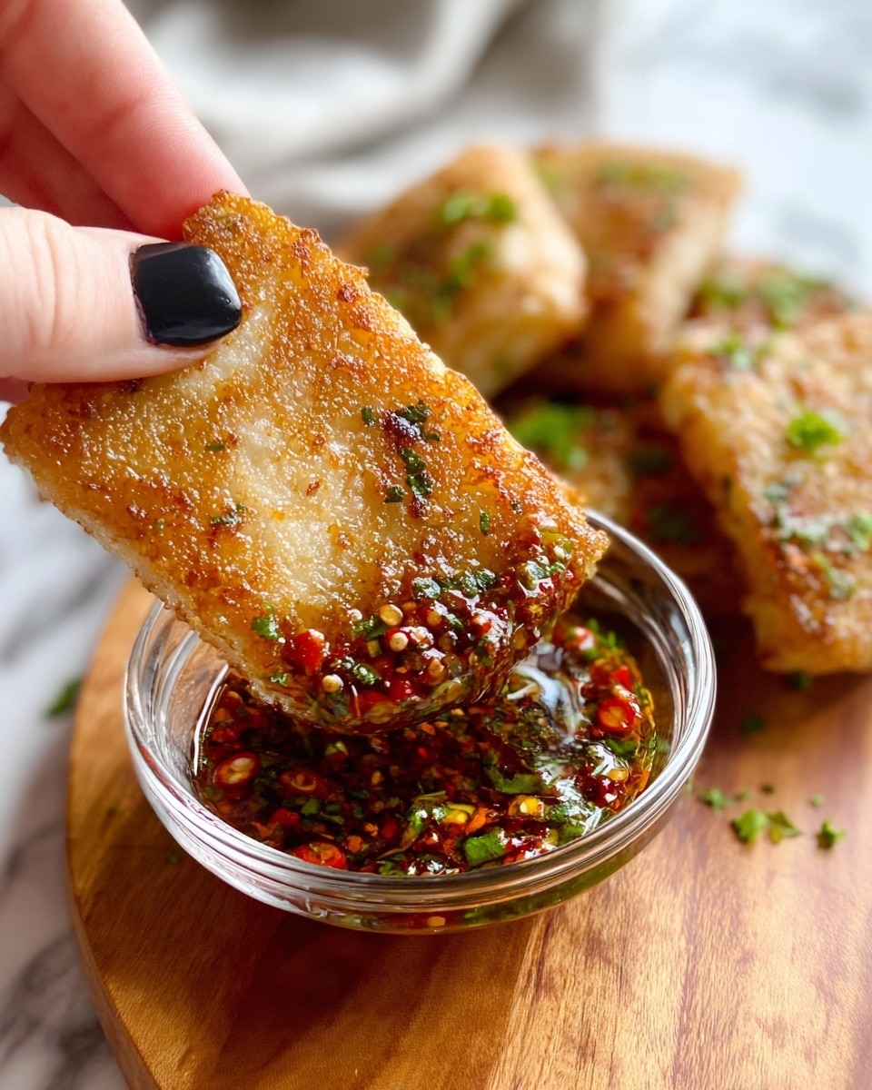 A close-up view shows a woman's hand with black nail polish holding a golden-brown, crispy rectangular piece of food with a slightly bubbly and textured surface. The food is being dipped into a small clear glass bowl filled with a rich, deep red sauce that has visible chunks of green herbs and small bits of chili, giving the sauce a vibrant, fresh feel. In the background, more pieces of the same food are resting on a wooden surface, all set against a soft-focus white marbled texture. The lighting highlights the shiny, crisp texture of the food and the glossy, oily surface of the sauce perfectly. photo taken with an iphone --ar 4:5 --v 7