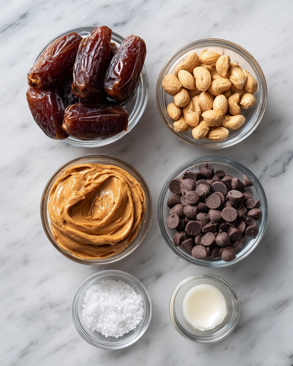 The image shows several dates split open and filled with a smooth, light brown peanut butter. Each date is topped with chopped, light beige peanuts that add texture and contrast. The dates are dark brown with a shiny and slightly wrinkled skin. They are placed on a light brown parchment paper that lies on a white marbled surface. Some peanut pieces are scattered around the dates, enhancing the natural and rustic look. The photo taken with an iphone --ar 4:5 --v 7