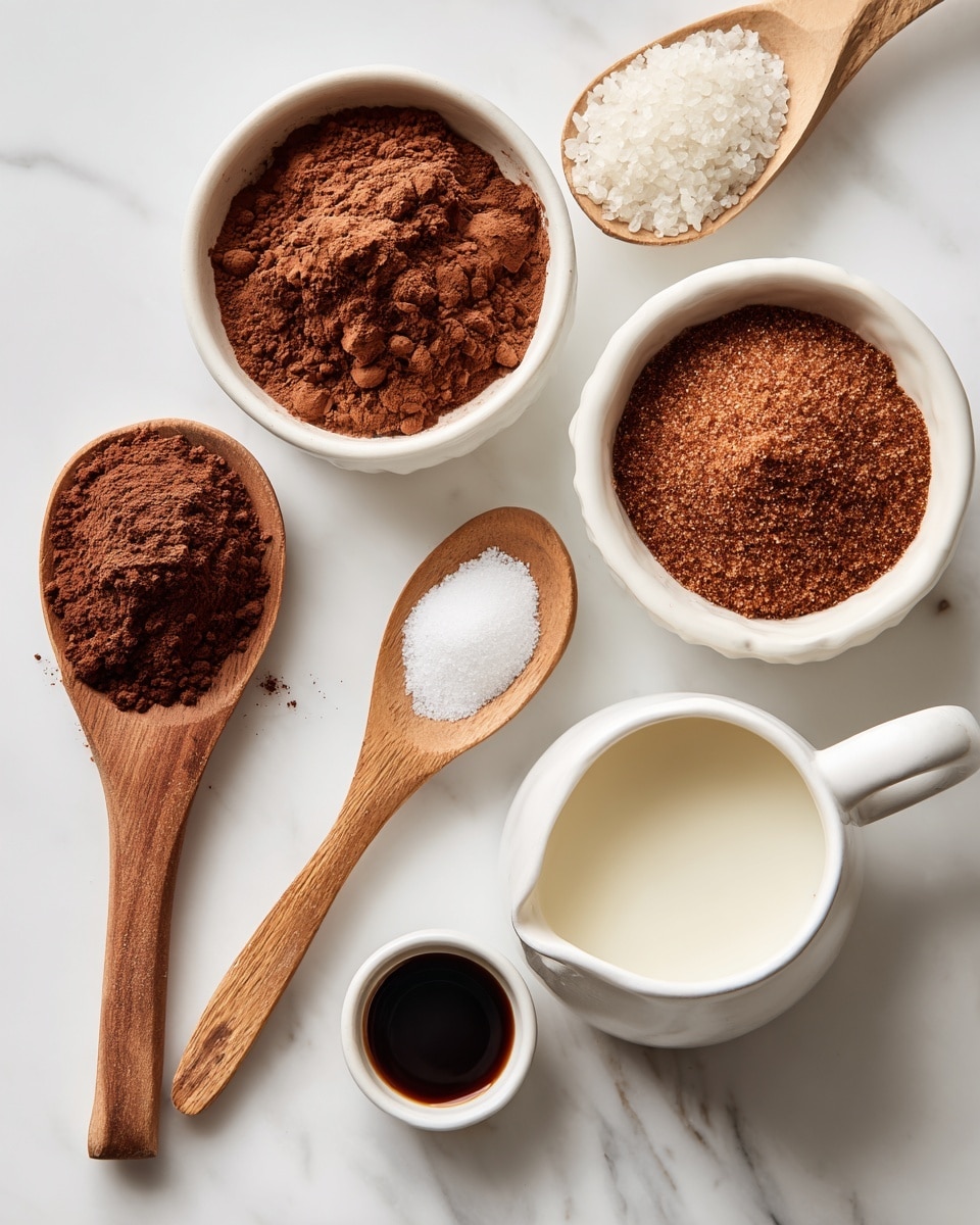The image shows five white dishes and spoons arranged neatly on a white marbled surface. At the top left, a small white bowl holds a powdery brown layer of cocoa powder with a slightly uneven surface. To its right, another white bowl contains coconut sugar, which forms a grainy, reddish-brown layer that fills the bowl evenly. Below the cocoa powder bowl, a wooden spoon with a smooth handle holds a dark brown, fine cinnamon powder. Next to it, another wooden spoon holds coarse white salt crystals. To the right of the salt spoon, a white ceramic jug with a handle contains almond milk, showing a smooth off-white liquid layer. At the bottom center, a small white bowl holds vanilla extract, visible as a dark brown liquid layer. The image is bright and clean with soft natural light. photo taken with an iphone --ar 4:5 --v 7