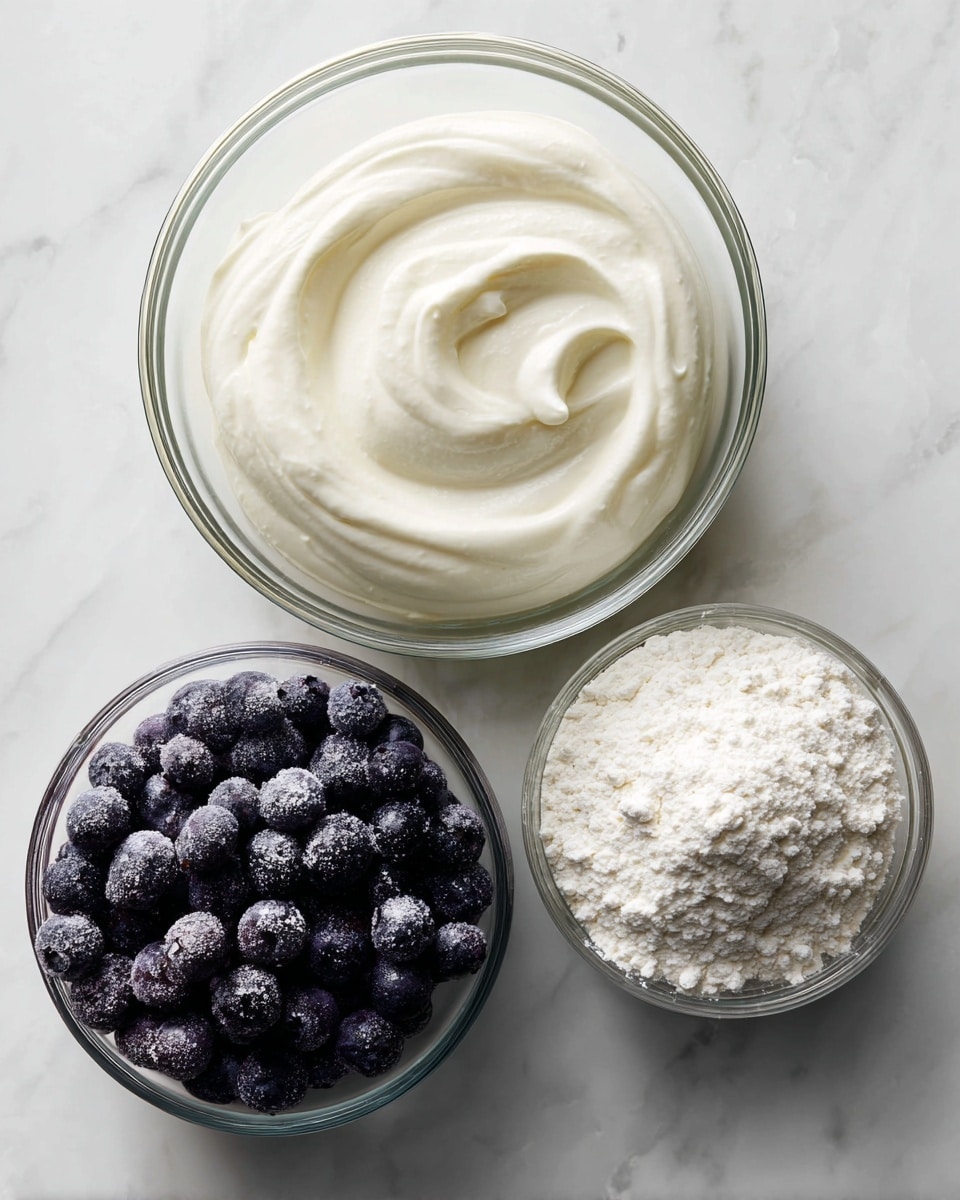 Three clear glass bowls sit on a white marbled surface. The top bowl is filled with thick, smooth, creamy white Greek yogurt with soft swirls on the surface. Below and to the left is a bowl of dark purple frozen blueberries covered in tiny ice crystals, giving them a slightly sparkling texture. To the right of the blueberries is a bowl filled with fine white self-rising flour, with slight indentations and a soft, powdery texture. photo taken with an iphone --ar 4:5 --v 7