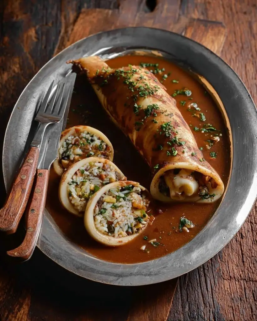 Stuffed Squid with Rice and Vegetables in Tomato Sauce Recipe