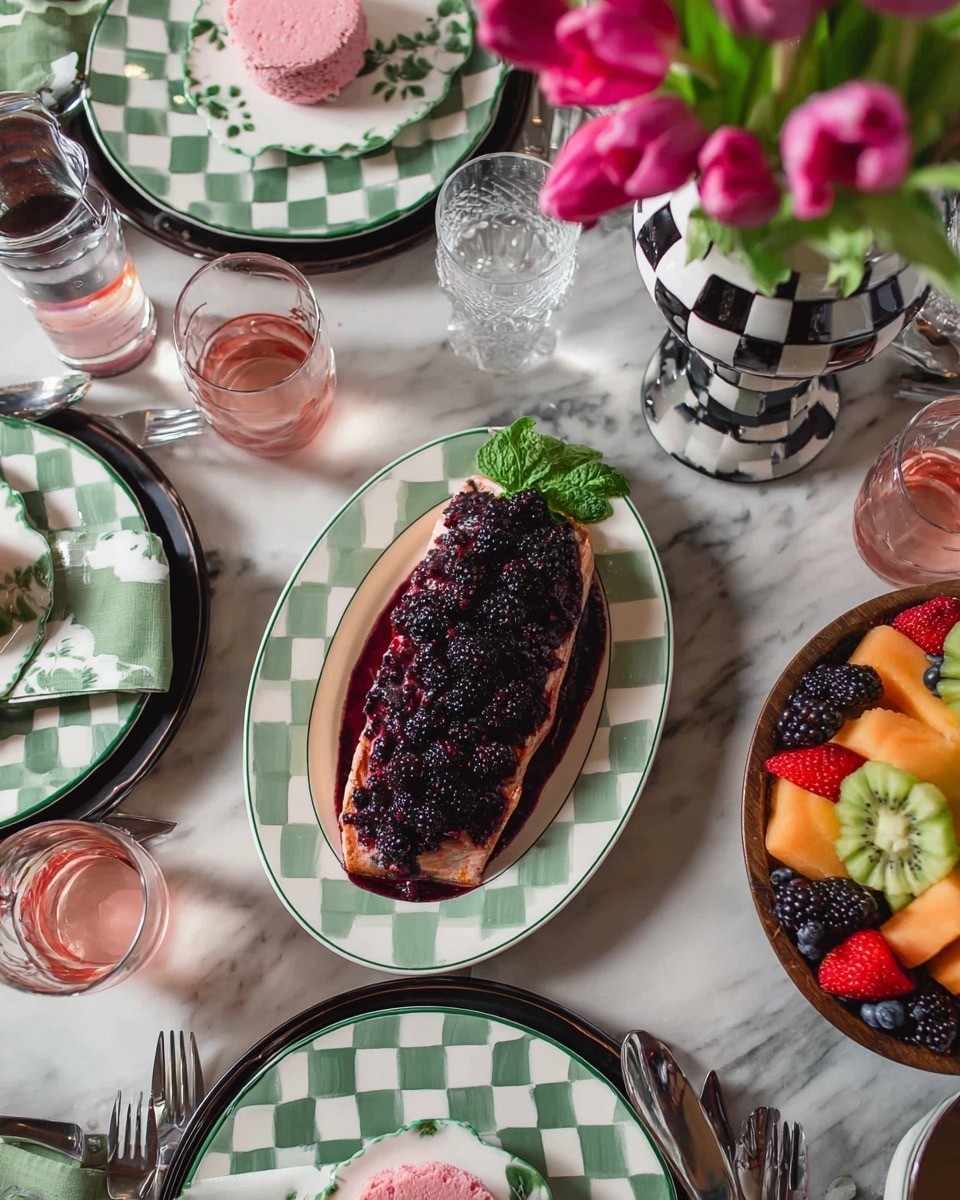 A long white plate with green and white checkers holds a fillet covered with a layer of dark purple blackberry sauce, topped with whole blackberries scattered evenly, and a sprig of green herb on one side. Around the plate, there are white plates with green leafy patterns and pink round flower-patterned desserts centered on them. There are clear glasses with pinkish liquid and water, silver cutlery next to mint green cloth napkins, and a round fruit bowl filled with colorful fruit pieces like strawberries, kiwi, cantaloupe, and blackberries on a white marbled surface. A black and white checkered vase with pink tulips is also visible near the center. photo taken with an iphone --ar 4:5 --v 7