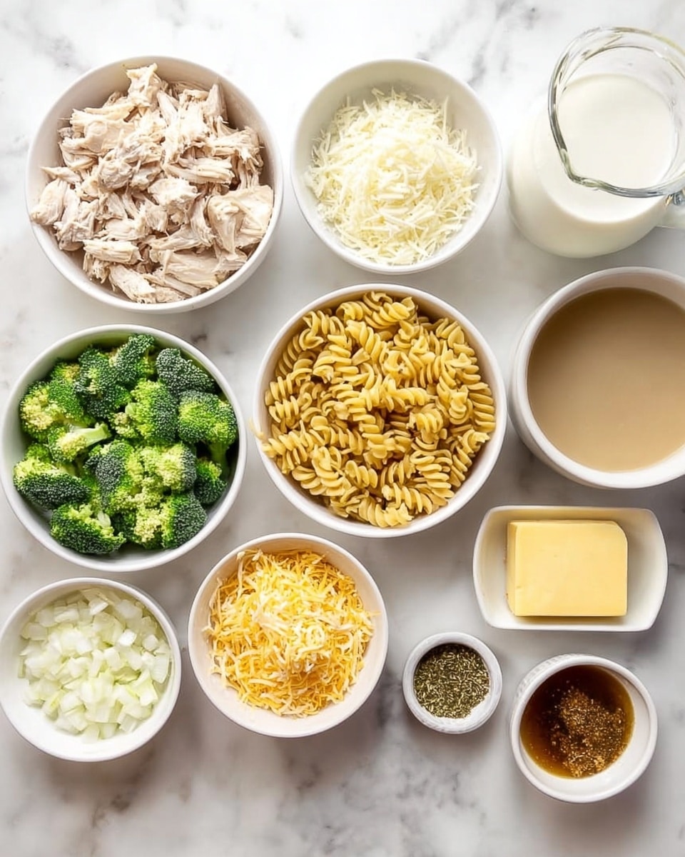 The image shows an overhead view of several white bowls placed on a white marbled surface, each containing different ingredients for a recipe. The bowls contain cooked rotini pasta in a light yellow color, shredded chicken with a pale beige tone, small bright green broccoli florets, and finely chopped white onions. Other bowls hold finely grated white cheese, crumbled yellow cheese topping, and a square piece of yellow butter in a small white dish. There are also smaller white bowls containing brown sauce, a mix of dried green and brown herbs and spices, and a thicker beige liquid broth. A clear glass jug of white milk is visible in the top right corner. The colors are balanced with green, yellow, beige, and white tones. photo taken with an iphone --ar 4:5 --v 7