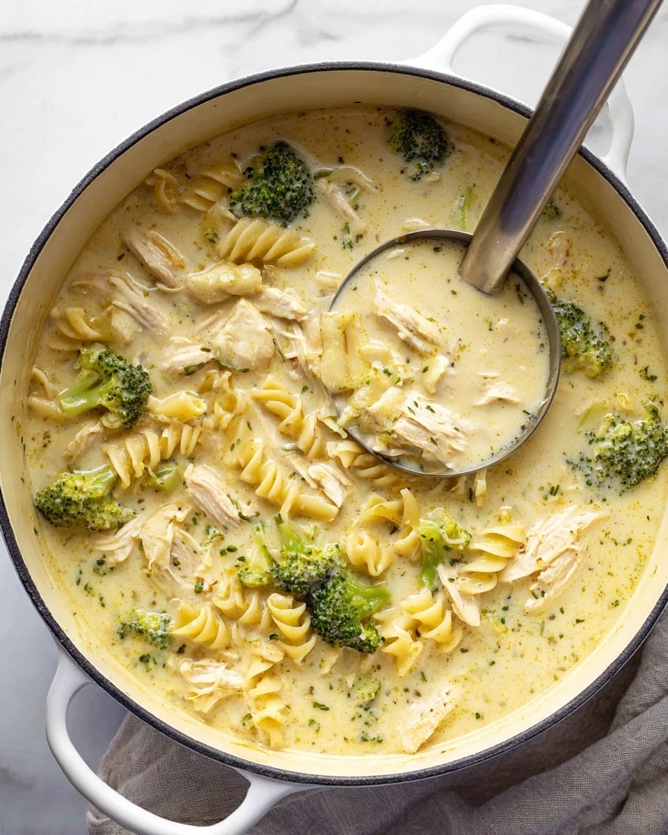 A large white pot filled with creamy light yellow soup containing three main layers: tender shredded light brown chicken pieces, soft pale yellow spiral pasta, and bright green broccoli florets scattered evenly throughout. A silver ladle with a long handle rests inside the pot, partially submerged in the soup. The pot sits on a white marbled surface with a light cloth beside it. The soup has small bits of herbs mixed inside, giving a speckled texture. photo taken with an iphone --ar 4:5 --v 7