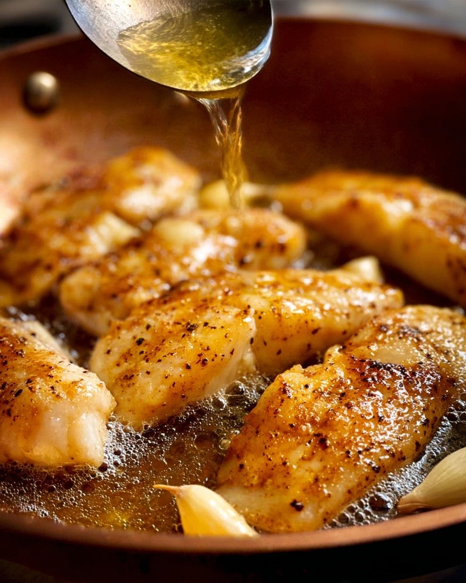 A close-up image of five light golden fish fillets cooking in a bronze-colored pan. The fillets have a slightly rough texture with visible black pepper seasoning and are surrounded by bubbling melted butter. A shiny spoon is shown pouring more melted butter over the center fillet, catching the light and creating small splashes. There are also a few whole garlic cloves nestled among the fillets. The scene captures a warm, rich cooking moment. Photo taken with an iphone --ar 4:5 --v 7