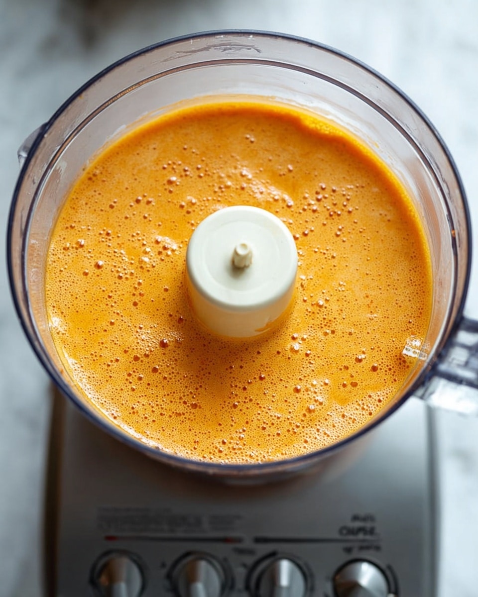 The image shows a clear food processor bowl filled with a smooth, thick orange mixture with small bubbles on the surface, creating a slightly foamy texture. The bowl is on a grey base with visible buttons at the front labeled