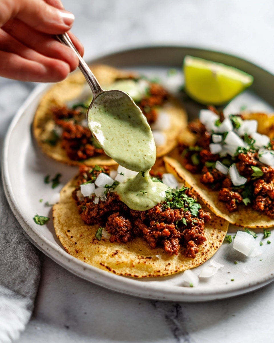 The image shows three soft corn tortillas on a white plate sitting on a white marbled surface. Each tortilla has a layer of cooked, crumbly brown meat as the base. The two tortillas on the right are topped with small white onion pieces and chopped green herbs. A spoon held by a woman's hand is adding a thick, light green sauce over the meat on the middle tortilla. There is also a lime wedge placed behind the tacos on the plate. The colors are warm with browns, whites, and greens. photo taken with an iphone --ar 4:5 --v 7