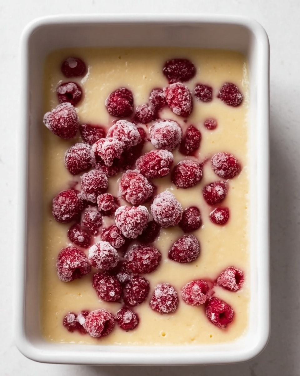A spoon holds a soft, golden-brown baked cake piece with a fluffy off-white inside, topped with a bright red raspberry and some raspberry sauce. In the background, a white baking dish contains more of the same golden cake, each portion with vibrant red raspberries peeking through its top surface. The setting is on a white marbled texture surface, giving a clean and bright look to the image. Photo taken with an iphone --ar 4:5 --v 7