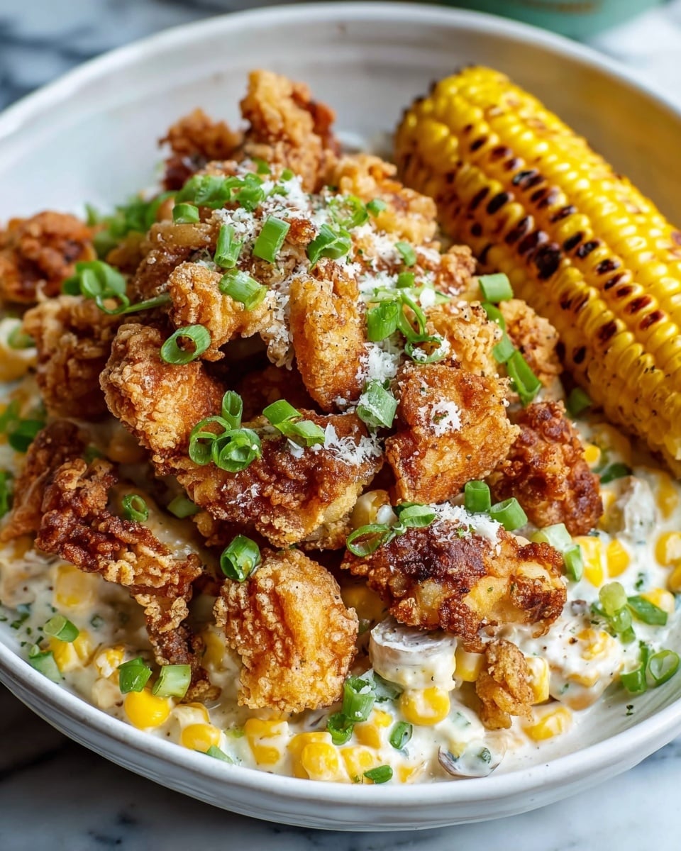 A white plate filled with crispy, golden brown fried cauliflower pieces on the top layer, sprinkled with white powdery cheese and small green onion slices. Underneath, there is a creamy white sauce mixed with more green onions, adding texture and color contrast. The plate sits on a white marbled surface, showing a fresh and inviting look. The photo is taken with an iphone --ar 4:5 --v 7