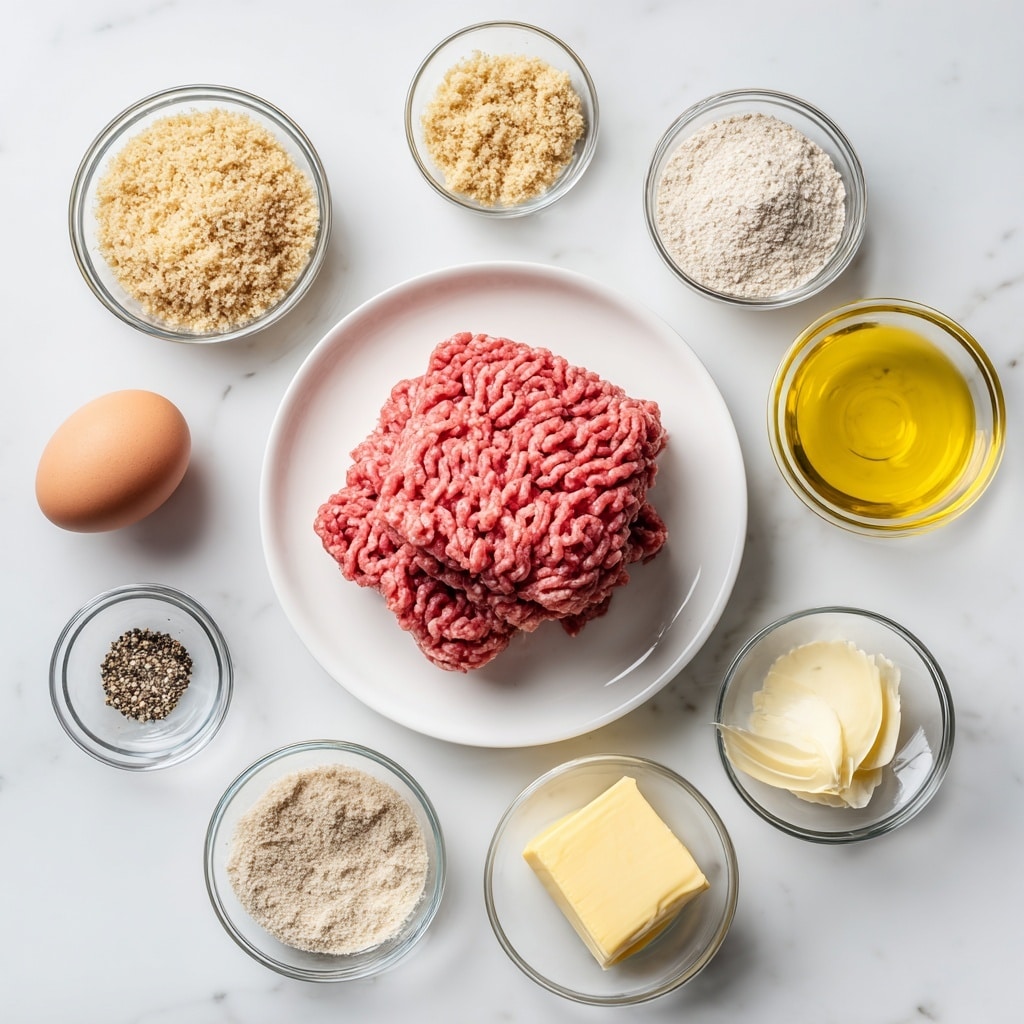 The image shows a white plate in the center with two large portions of pink ground beef stacked neatly. Around the plate on the white marbled surface are small glass bowls arranged in a circle, each containing different ingredients: light brown dried onion flakes, beige fine bread crumbs, pale yellow unsalted butter, smooth yellow mustard, and clear yellow olive oil. An unbroken light brown egg is placed to the upper left of the plate. A small glass bowl with a mix of coarse black pepper and salt is also present near the bottom left. The setup is clean, with each ingredient clearly visible and separated. The bright, natural light highlights the fresh colors and textures of each item. photo taken with an iphone --ar 4:5 --v 7