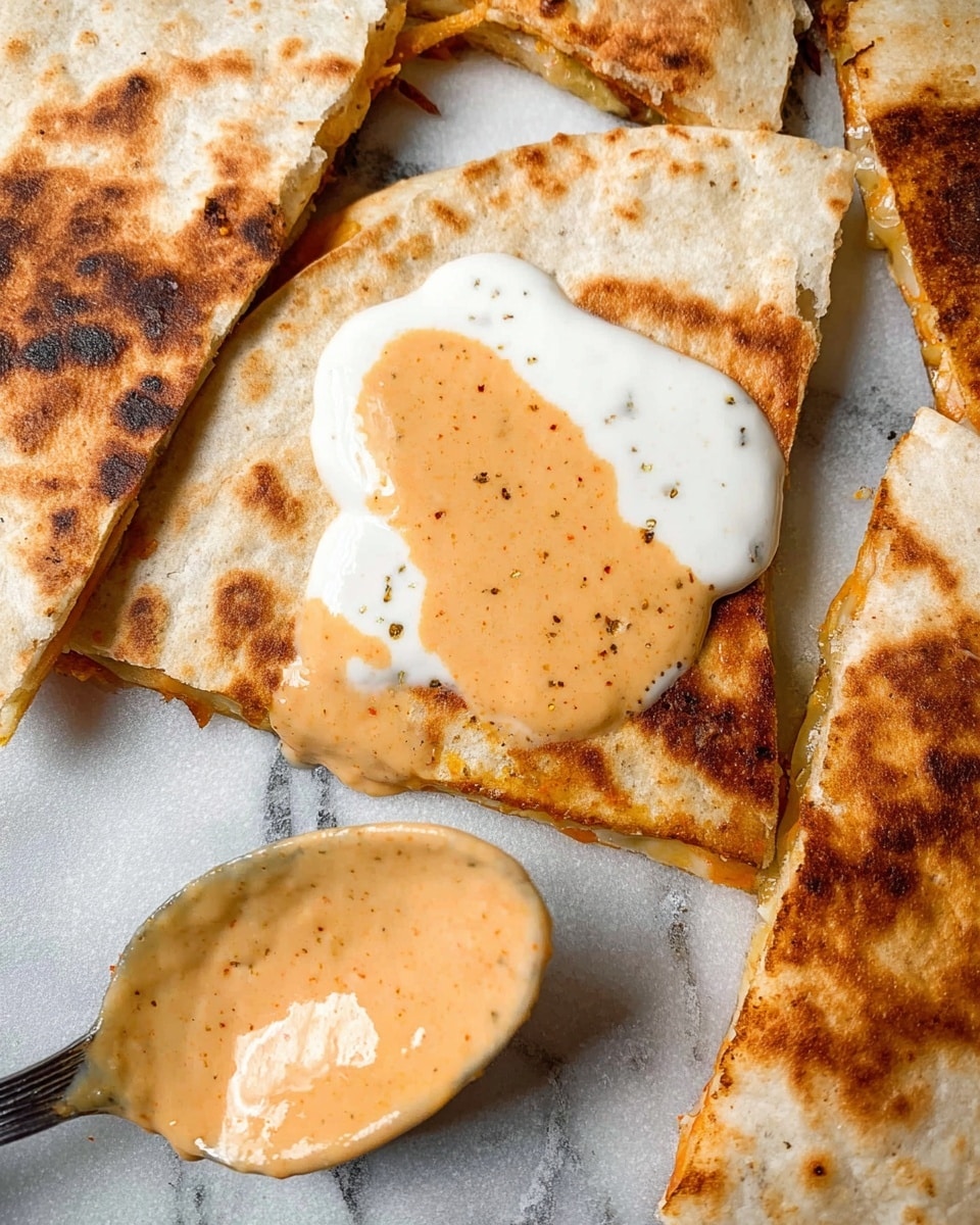 The image shows a close-up of a quesadilla sliced into triangles on a white marbled surface. The quesadilla is golden brown with some darker toasted spots and a slightly crisp texture. On top of one triangle, there are two dollops of sauce: a smooth white sauce at the bottom and a thicker orange sauce with visible seasoning specks on top. A spoon next to the quesadilla holds more of the orange sauce, which appears creamy and lightly speckled. The image highlights the layers and textures clearly with good lighting. photo taken with an iphone --ar 4:5 --v 7