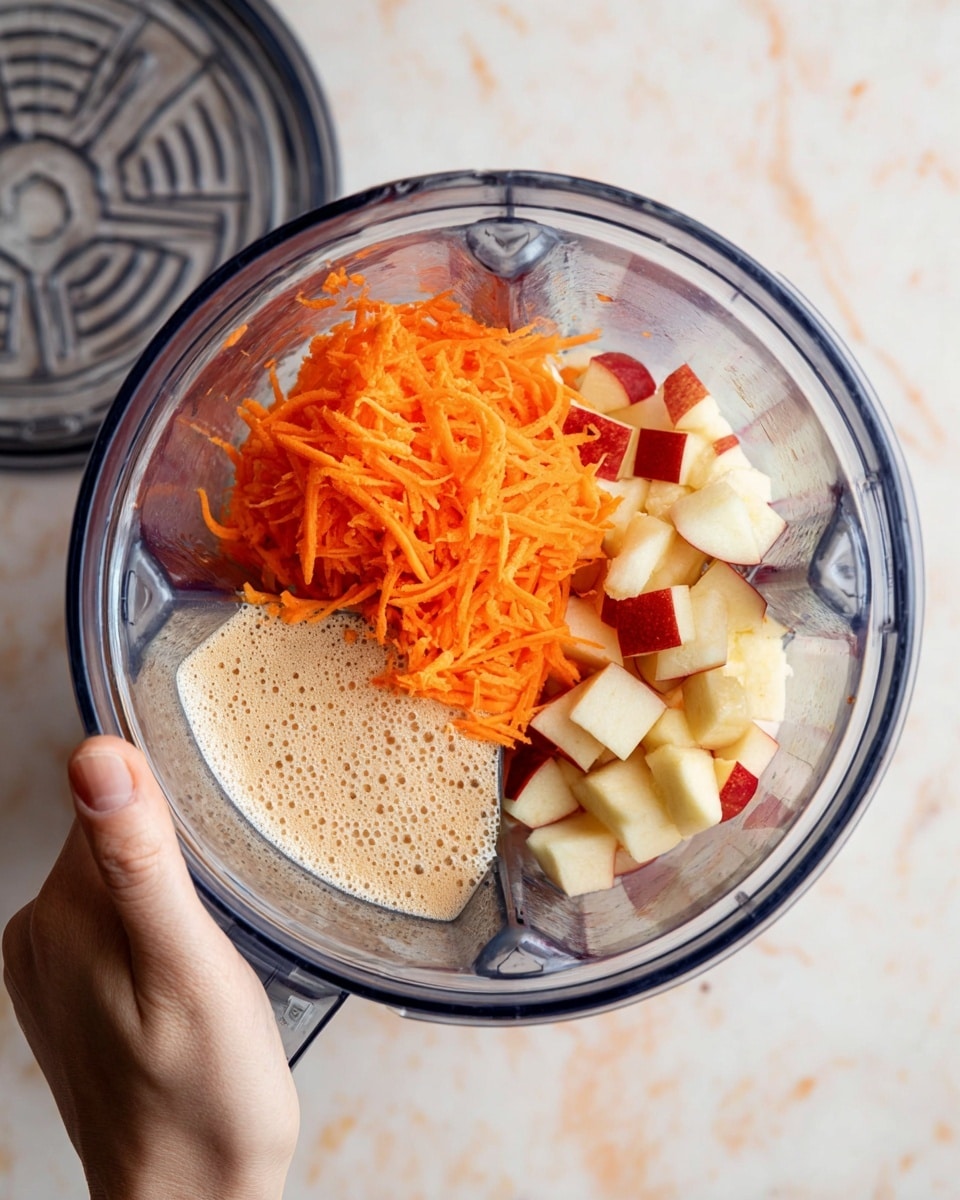 A clear blender container held by a woman's hand shows three distinct layers inside: at the top, bright orange shredded carrots with a fresh texture; underneath, small cubes of red and cream apple pieces on the right side; and at the bottom left, a light brown foamy liquid that looks creamy. The blender lid is off to the side on top of a white marbled surface. photo taken with an iphone --ar 4:5 --v 7