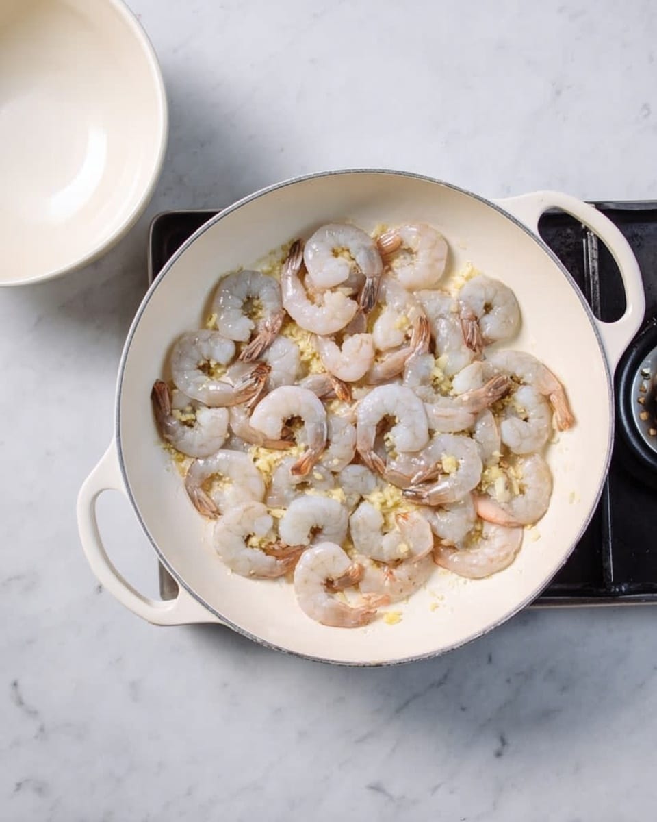 A white pan with two handles is shown from above on a white marbled surface, filled with raw shrimp that are grey with some pinkish spots. The shrimp are spread evenly across the rimmed pan’s white inside, mixed with small bits of light yellow garlic and a little oil giving a shiny look. The pan is on a black gas burner. To the left side of the pan, there is an empty white bowl with smooth edges. The lighting is soft and natural, highlighting the soft texture and fresh look of the shrimp. photo taken with an iphone --ar 4:5 --v 7