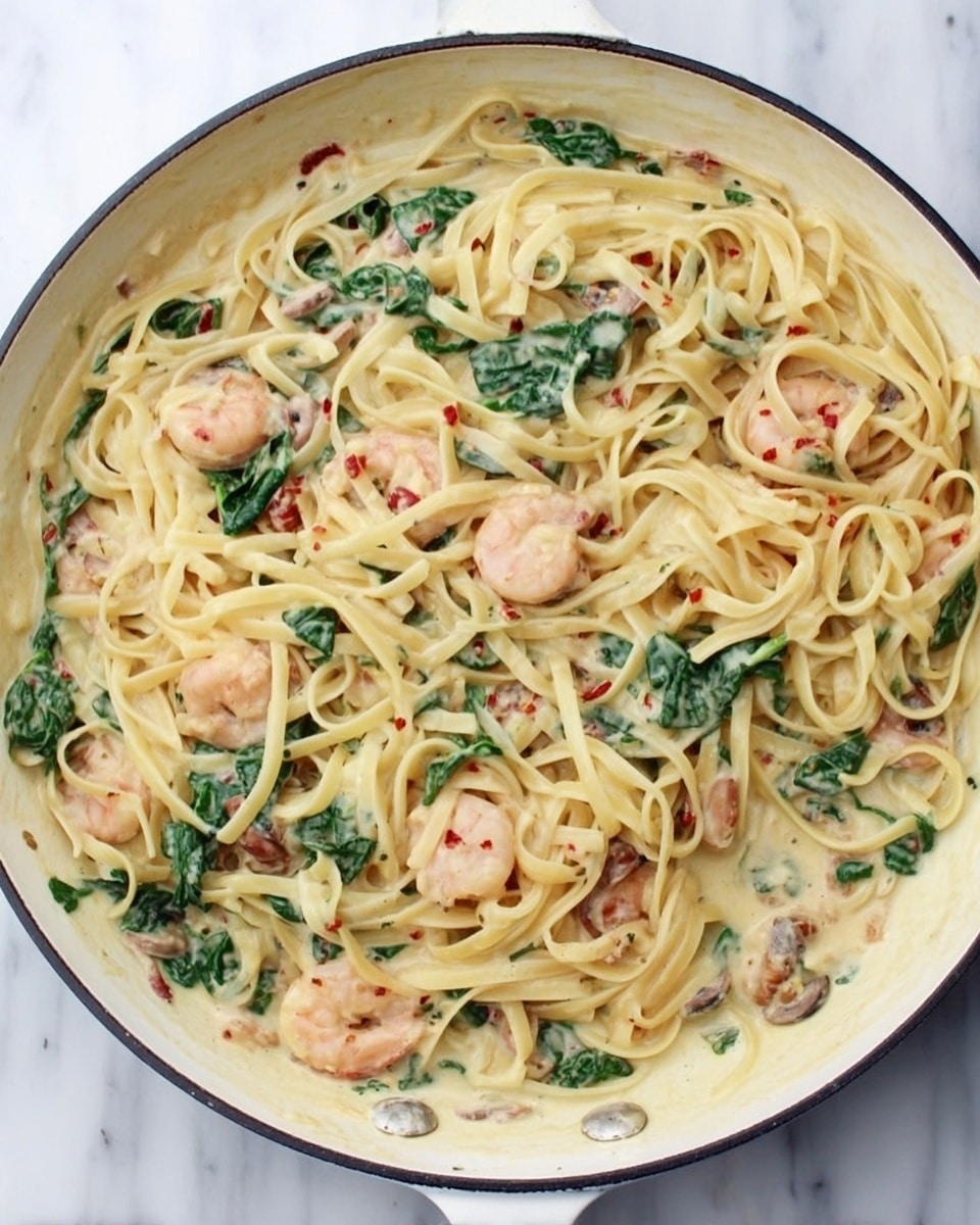 A white pan filled with creamy pasta, showing three main layers: at the bottom, thick creamy sauce with a pale light yellow color, in the middle, long flat pasta noodles tangled together with a smooth texture, and on top, small pink shrimp and dark green spinach leaves scattered evenly throughout. The sauce has bits of red chili flakes and tiny pieces of mushroom, adding color contrast. The pan is placed on a white marbled surface. photo taken with an iphone --ar 4:5 --v 7