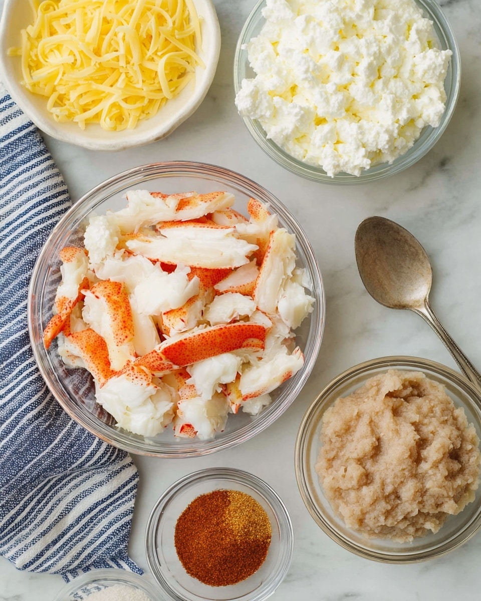 The image shows a clear glass bowl in the center filled with white and orange crab meat pieces. Above it, to the right, is a clear glass bowl filled with white cottage cheese, and to the left, a white bowl with shredded yellow and white cheese. Below the crab meat bowl on the right is a clear bowl with a light brown chunky mixture, and to the lower left, a small clear bowl holds two integrated spice powders, one reddish-brown and the other pale yellow. A silver spoon lies above the brown mixture. A striped blue and white cloth is placed on the left side on a white marbled surface. Photo taken with an iphone --ar 4:5 --v 7