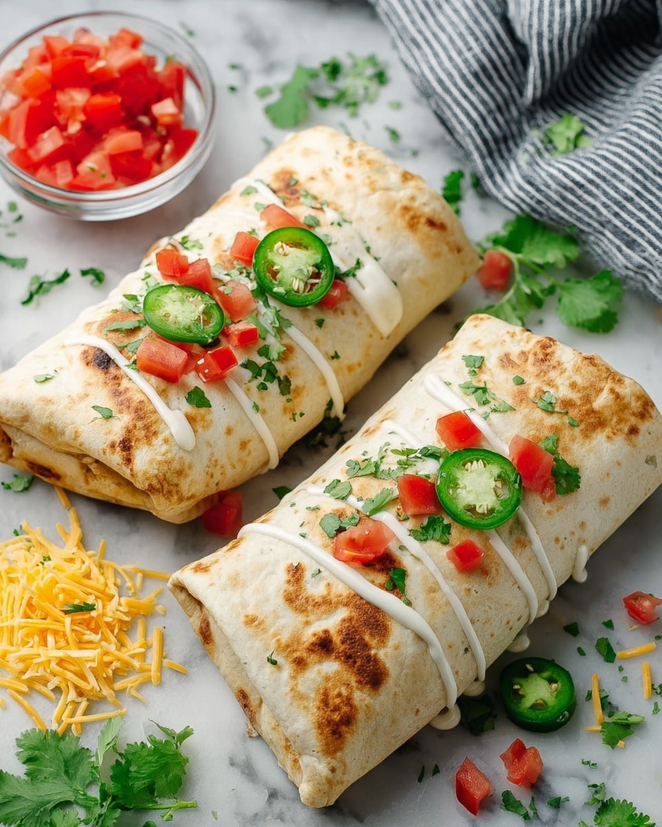 Two large burritos are placed on a white marbled surface, each wrapped in a light golden toasted tortilla with slight browned spots. They are topped with thin white cream drizzles running lengthwise and scattered fresh green cilantro leaves. On top of each burrito, there are bright red diced tomatoes and slices of fresh green jalapeno peppers. To the left, a small clear glass bowl contains more red diced tomatoes and jalapeno slices. Around the burritos, small piles of shredded yellow and white cheese and scattered cilantro leaves add extra color. In the background, a striped cloth is partly visible. photo taken with an iphone --ar 4:5 --v 7