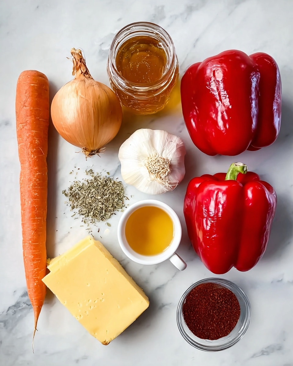A collection of fresh ingredients is laid out on a white marbled surface. There are three large, shiny red bell peppers grouped together on the bottom right. Near them, a solid block of yellow cheese stretches horizontally on the bottom left. Above the cheese, a glass jar filled with golden honey sits with a metallic lid. Just above the honey jar, a long, bright orange carrot lies diagonally, with the top closer to the center. At the top center, a medium-sized light brown onion with its dry outer skin intact rests beside a white garlic bulb. Next to the garlic, a small white cup filled with golden-yellow liquid is placed, and nearby, a small clear cup contains dried herbs and spices. A short clear glass filled with dark red powder is also present near the top right. The overall setup is simple and clean, visually organized on the white marbled background. photo taken with an iphone --ar 4:5 --v 7