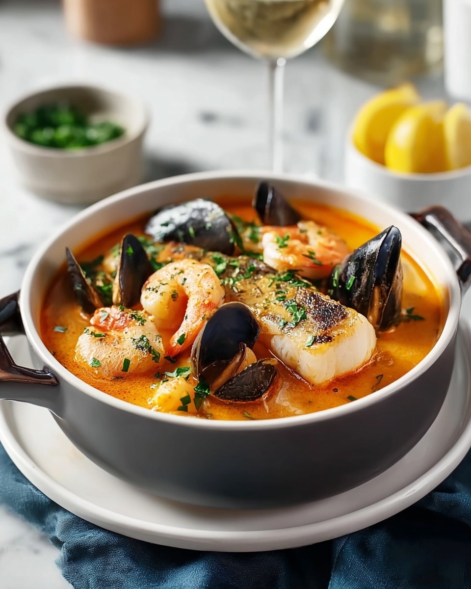 A white bowl filled with a rich orange seafood stew with visible pieces like a large pink shrimp curled near the top, several dark blue black mussel shells opened, chunks of white fish, and bits of red tomato mixed inside the broth. Green chopped herbs are sprinkled over the dish. A silver spoon rests on the edge inside the bowl. Around the bowl, there is a white marbled surface with green parsley on the left and lemon wedges on the top right. photo taken with an iphone --ar 4:5 --v 7