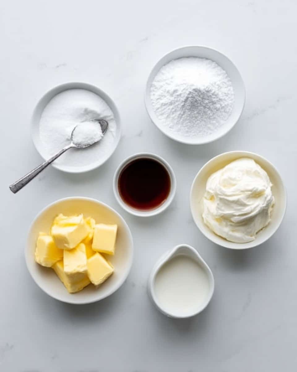 The image shows five small white bowls placed on a white marbled surface. From the top left moving right, there's a spoon with white powder, a bowl with a heap of white powdered sugar, a bowl filled with soft white cream. Below, there is a bowl with several yellow butter pieces on the left, a bowl with dark brown liquid syrup in the middle, and a small bowl with white milk at the bottom center. The arrangement forms a compact, tidy pattern with a clean and bright look. photo taken with an iphone --ar 4:5 --v 7