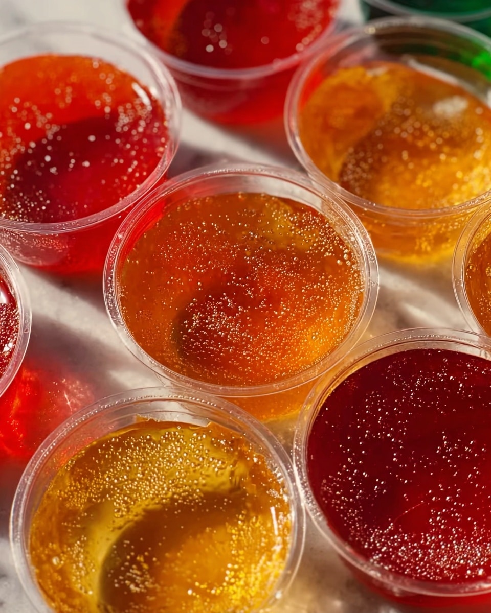 The image shows several small clear plastic cups filled with colorful jelly. The jellies come in different shades, including light amber yellow, deep golden brown, bright red, and a darker reddish-brown. Each cup is filled to the top, with tiny bubbles visible inside the jelly layers, giving a fresh and chilled look. The cups are placed close together on a white marbled surface, reflecting a bit of light on the smooth jelly surfaces. The view is close up, focusing on the shiny and translucent texture of the jelly. photo taken with an iphone --ar 4:5 --v 7