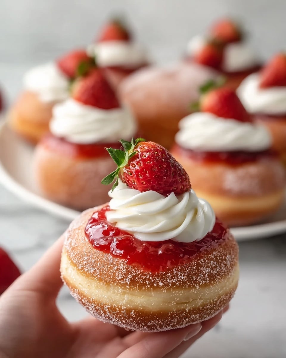 A round donut covered in light brown sugar sits in a woman's hand in the foreground. It has a thick layer of shiny red strawberry jam on top, followed by a swirl of smooth white cream, and finished with a bright red strawberry with green leaves placed on the cream. In the background, there is a white plate filled with more donuts, each topped with white cream and a red strawberry, all placed on a white marbled surface. Photo taken with an iphone --ar 4:5 --v 7