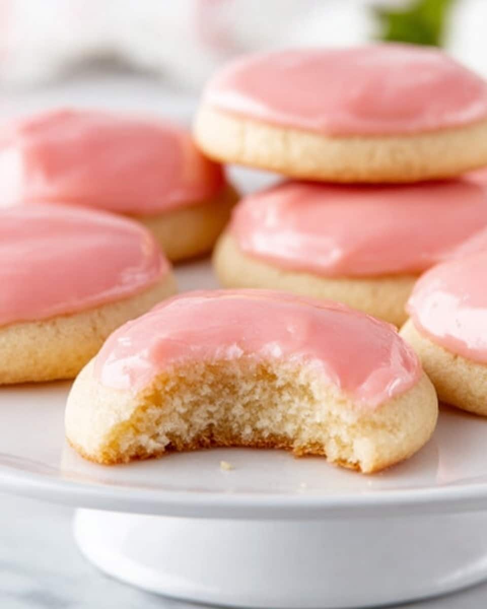 The image shows several round cookies with a light, soft texture, each topped with a smooth layer of pink icing that has a glossy finish. One cookie in the center has a bite taken out of it, revealing a soft, crumbly inside that contrasts with the shiny top layer. The cookies are on a white plate, which sits on a white marbled surface. The background is softly blurred to keep the focus on the cookies. Photo taken with an iphone --ar 4:5 --v 7