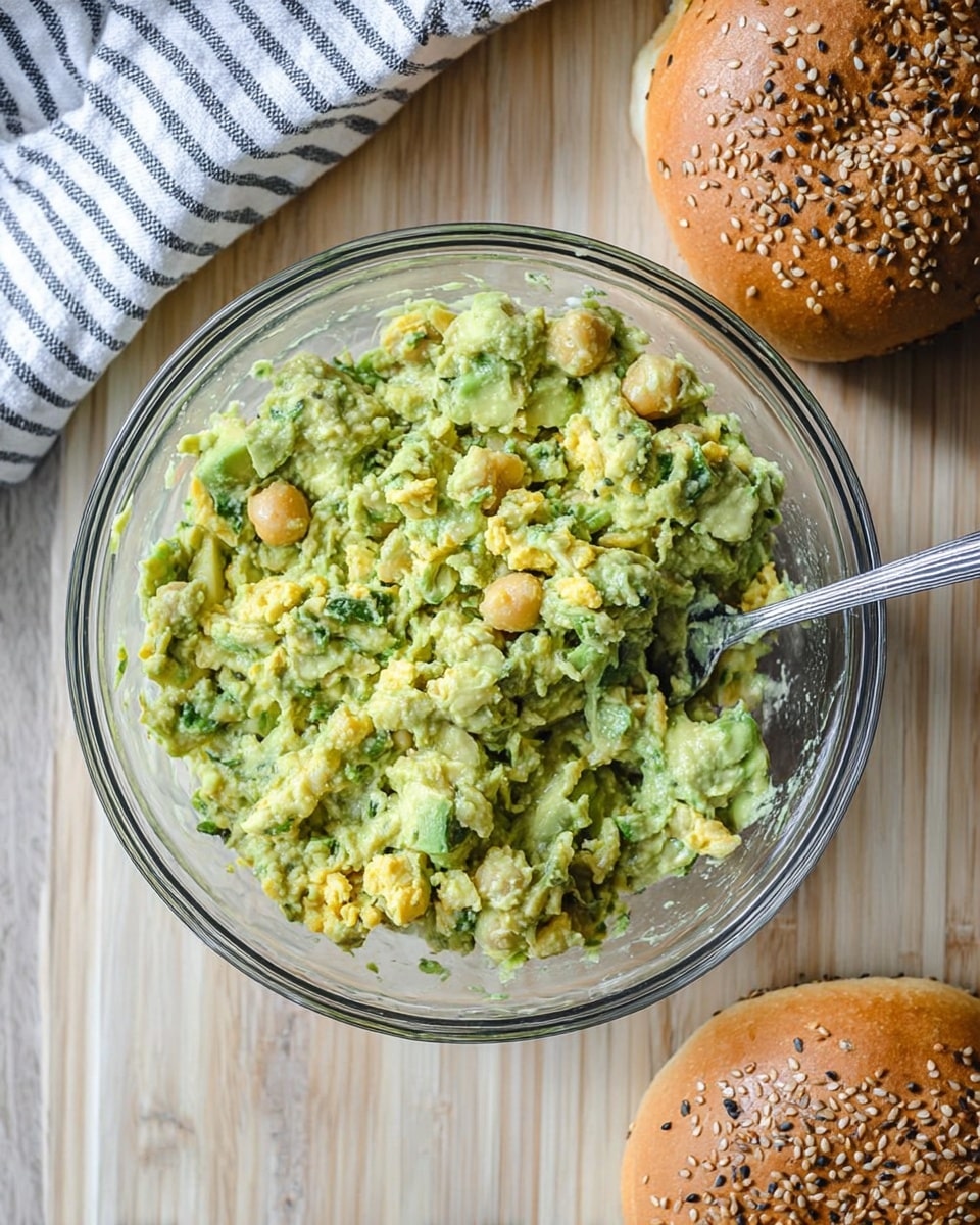 A clear glass bowl filled with a chunky mixture of smashed avocado and chickpeas, showing a blend of light green and yellow colors with a slightly creamy texture, placed on a light wooden surface next to two sesame seed bagels, one open and one whole, with a silver spoon resting inside the bowl and a striped cloth in the top left corner. photo taken with an iphone --ar 4:5 --v 7
