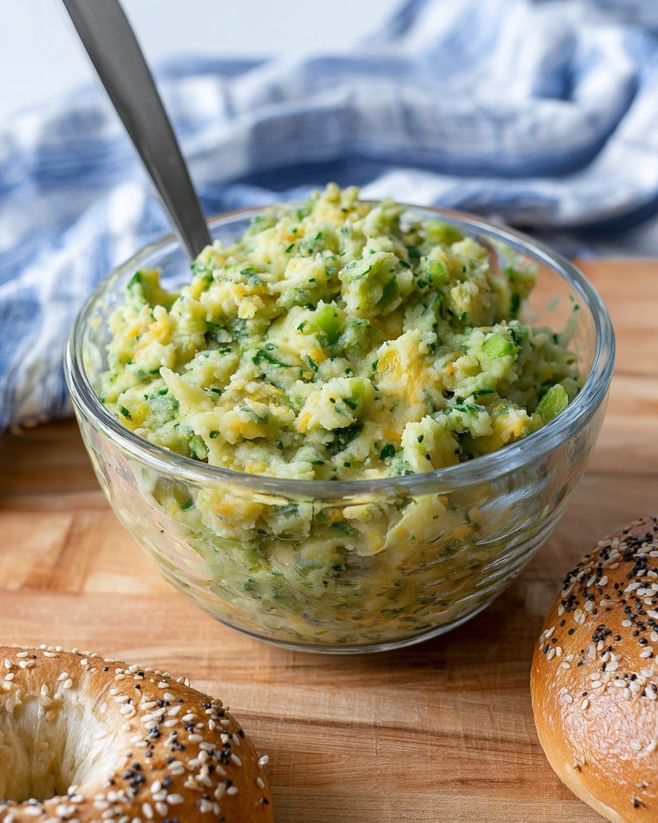 A clear glass bowl filled with a chunky mixture of mashed green and yellow vegetables, showing a soft, slightly uneven texture with visible bits of green herbs and light yellow pieces throughout. A metal spoon is placed inside the bowl, sticking out diagonally to the left. The bowl sits on a wooden surface, with a blue and white striped cloth in the background near the top. In the foreground, part of a sesame seed-covered bagel is visible on the same wooden surface. Photo taken with an iphone --ar 4:5 --v 7