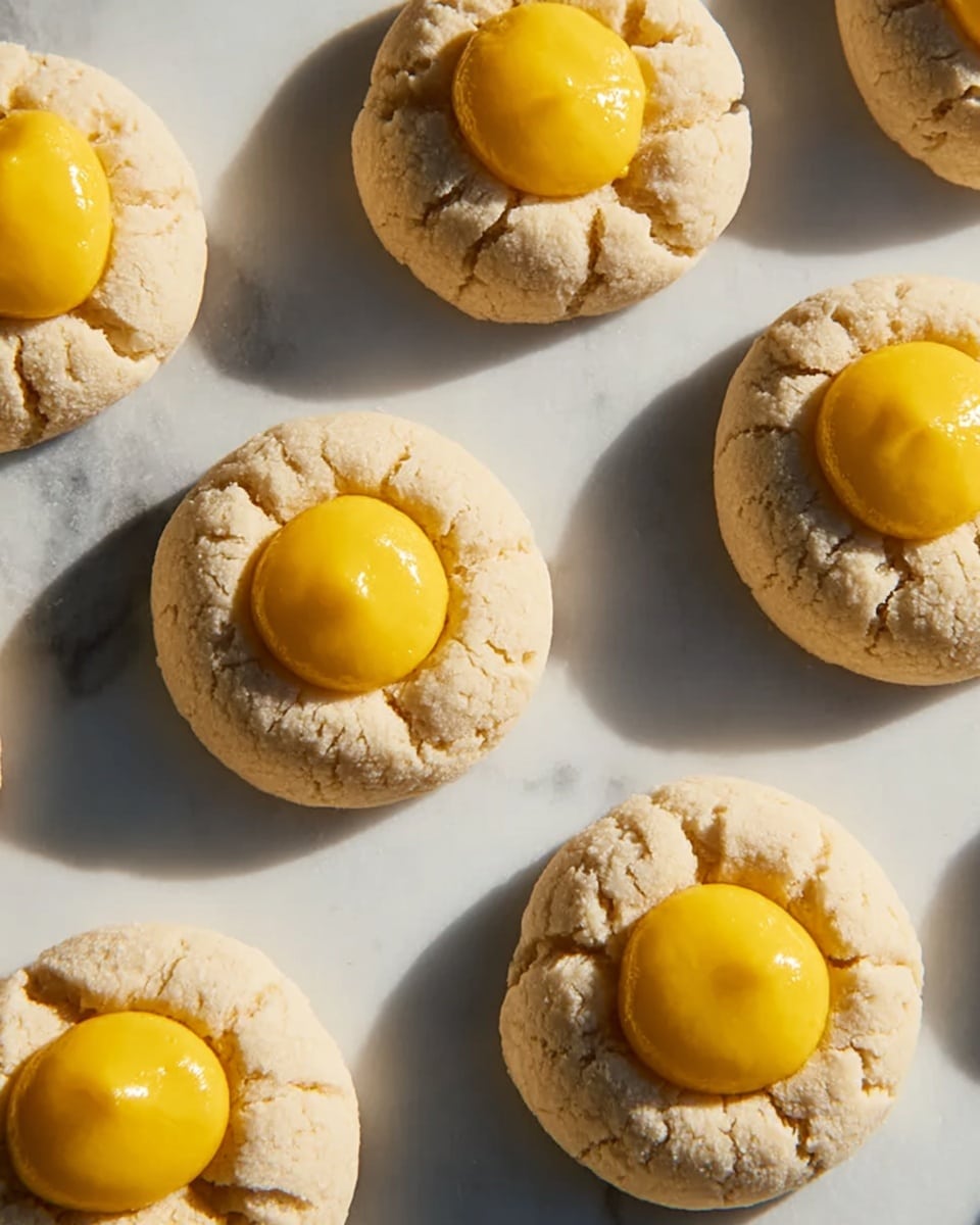 The image shows several round cookies arranged on a white marbled surface. Each cookie has two layers: the bottom layer is a light beige, slightly cracked dough forming a round base, and the top layer is a small, smooth dollop of bright yellow filling placed in the center. The cookies are evenly spaced and cast soft shadows on the surface. The lighting highlights the texture of the dough and the glossy look of the filling. photo taken with an iphone --ar 4:5 --v 7