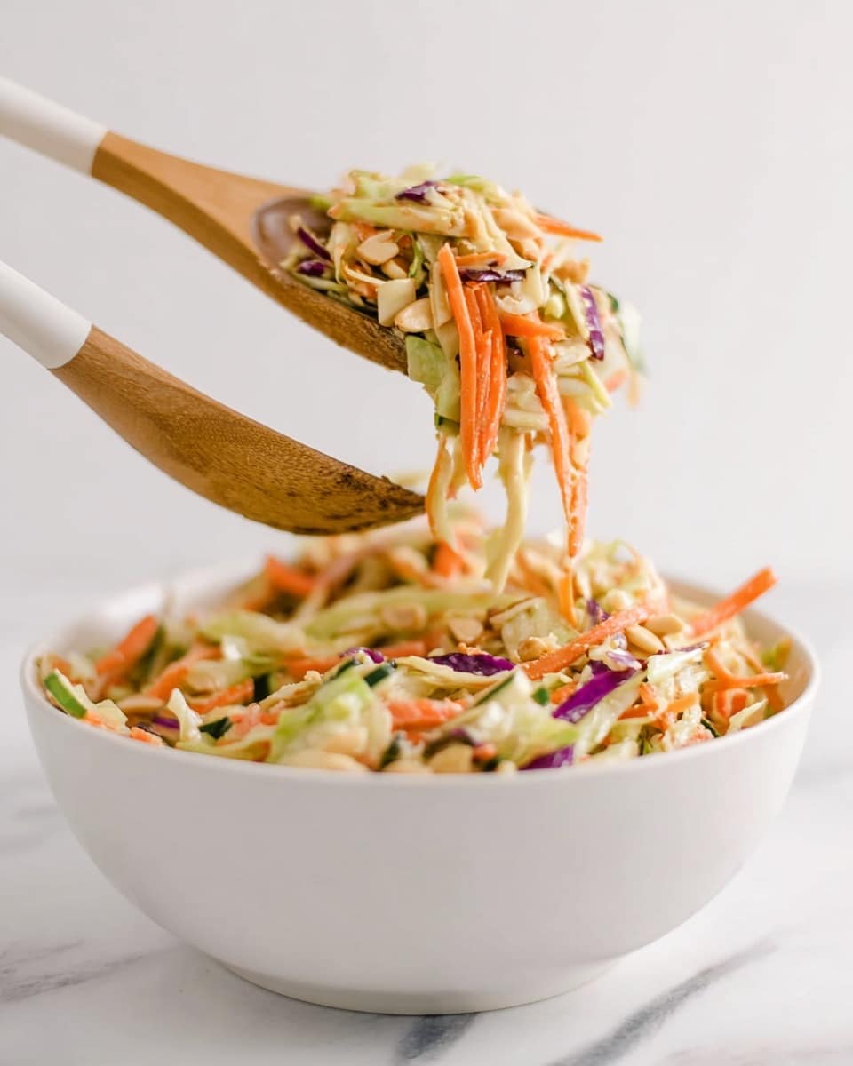 A white bowl filled with a colorful salad containing several layers of shredded green cabbage, thin orange carrot strips, light green cucumber slices, and small pieces of red bell pepper, topped with chopped peanuts and fresh green herbs; above the bowl, a woman's hand is holding a small glass jar pouring a creamy light brown dressing in a thin stream onto the salad, all set on a white marbled surface; photo taken with an iphone --ar 4:5 --v 7