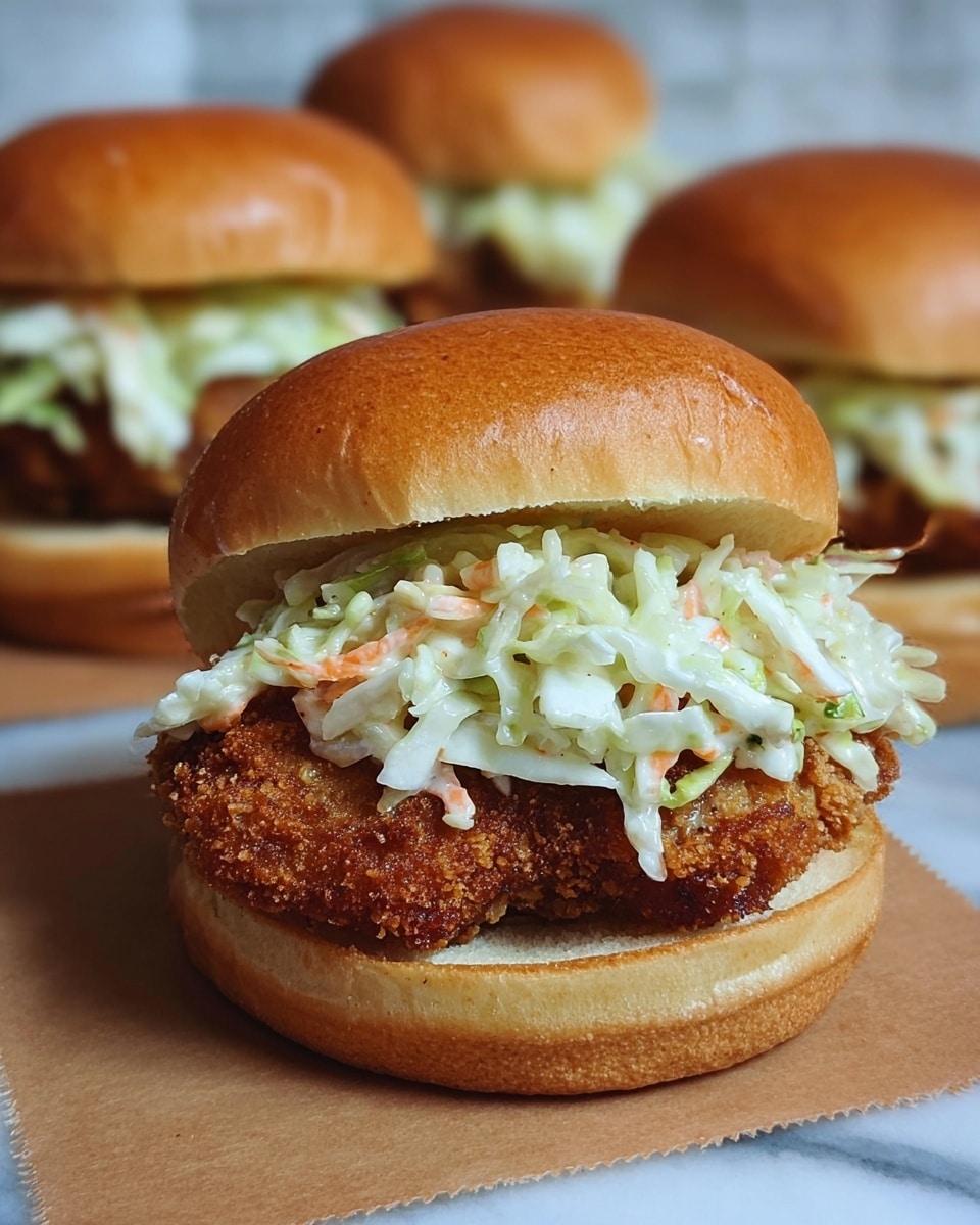The image shows a close-up of a sandwich with three visible layers. The bottom layer is a light brown soft bun, which looks fresh and slightly fluffy. On top of the bun is a thick, crispy, golden-brown fried patty with a crunchy texture. The top layer is a generous heap of light green coleslaw mixed with bits of white cabbage and small pieces of orange carrot, adding a fresh and slightly crunchy look. The sandwich is on brown paper, and two more sandwiches with the same layers can be seen blurred in the background on a white marbled surface. photo taken with an iphone --ar 4:5 --v 7